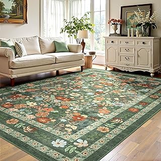 Deerly Green Floral Area Rug 5x7 Vintage Boho Washable Non-Slip Living R...