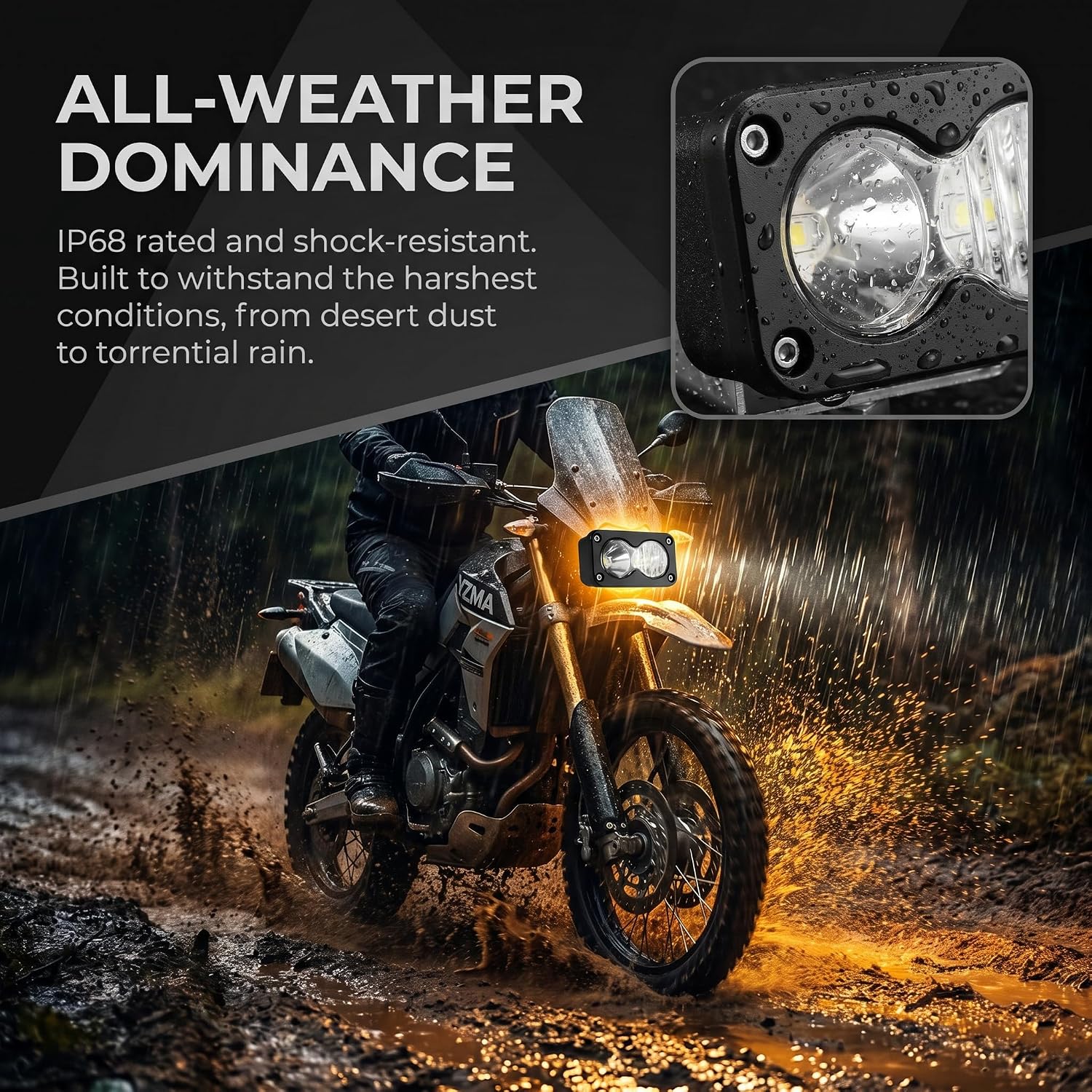 Baja Style LED Headlight for Yozma IN10 Electric Dirt Bike | LED housing, front lamp replacement, off-road use, ebike owners, IP67 waterproof, 20W 6500K, 3-pin plug, plug-and-play