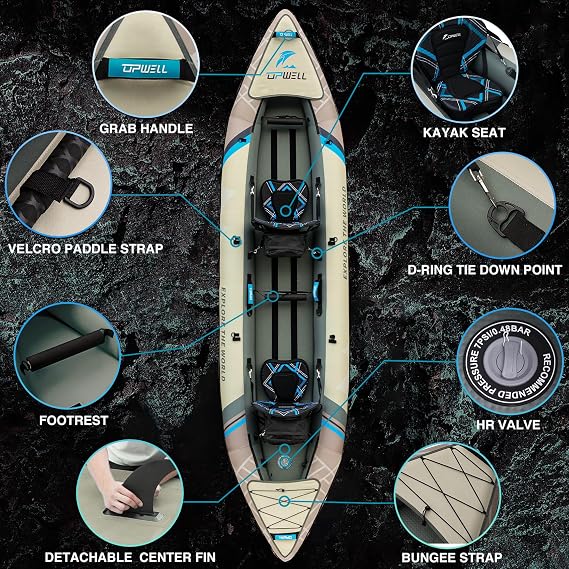 UPWELL 13'6 Inflatable Recreational Kayak - 2 Person with Drop Stitch Floor and Accessories Including Kayak Seats with High Back Support, Paddle, Fin, Repair Kits, Carry Bag and Hand Pump(NO HIN)