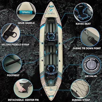UPWELL 13'6 Inflatable Recreational Kayak - 2 Person with Drop Stitch Floor and Accessories Including Kayak Seats with High Back Support, Paddle, Fin, Repair Kits, Carry Bag and Hand Pump(NO HIN)