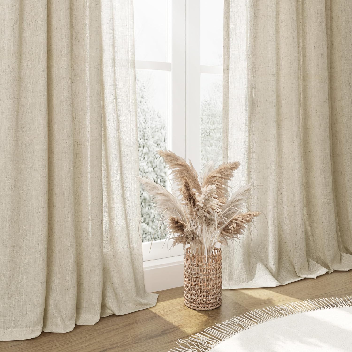 144 Inch Linen Curtains Beige Extra Long Back Tab Rod Pocket Custom Made High Ceiling 2 Story Drapes for High Living Room Neutral Semi Sheer Curtain for Bedroom Loft Sliding Door 12 FT 1 Panel