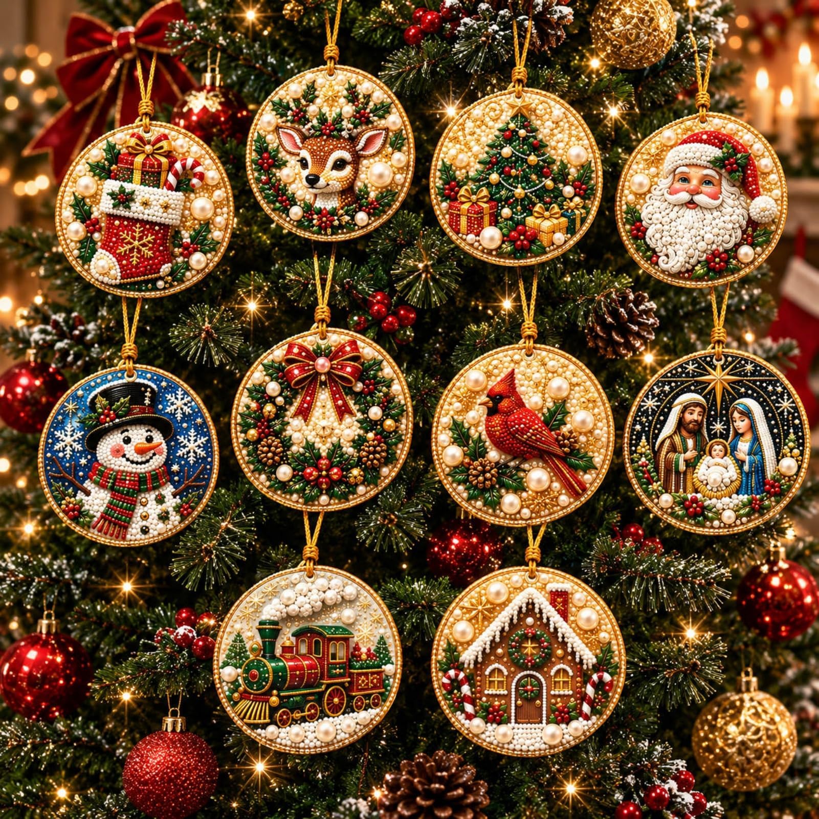 Christmas Diamond Painting Kit, 10 PCS Pearl Art Acrylic Hanging Ornaments