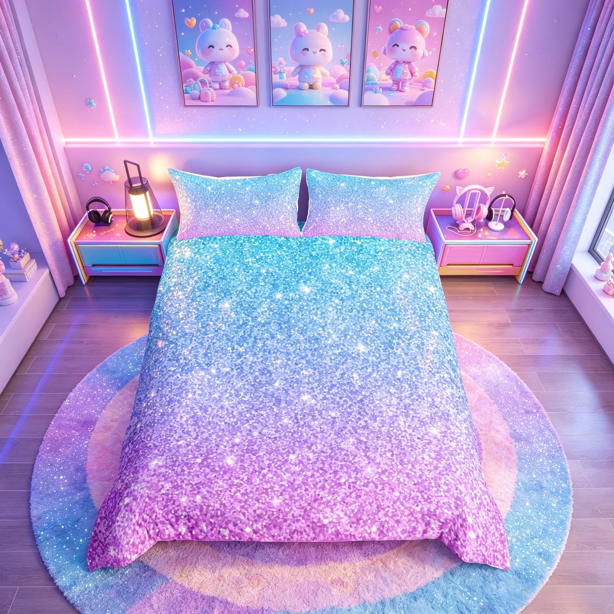 Colorful Glitter Bedding Junior/Cot Bed Girly Turquoise Teal Blue Pink Pastel Colors Duvet Cover 2 Piece Trendy Bed Spreads Girls Comforter Cover with Sparkle Sequin Modern Bling Bedroom Decor Bedding โ image 1
