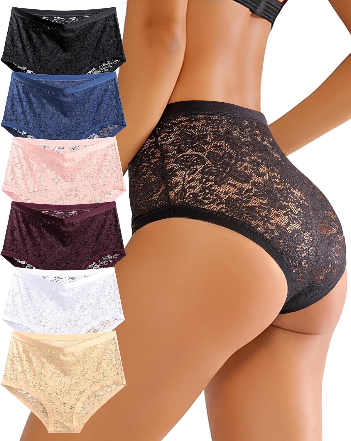 Sth Big High Waisted Underwear for Women Sexy Lace Cheeky Panties Soft Full Coverage lingerie Womens Plus Size Briefs 6 Pack