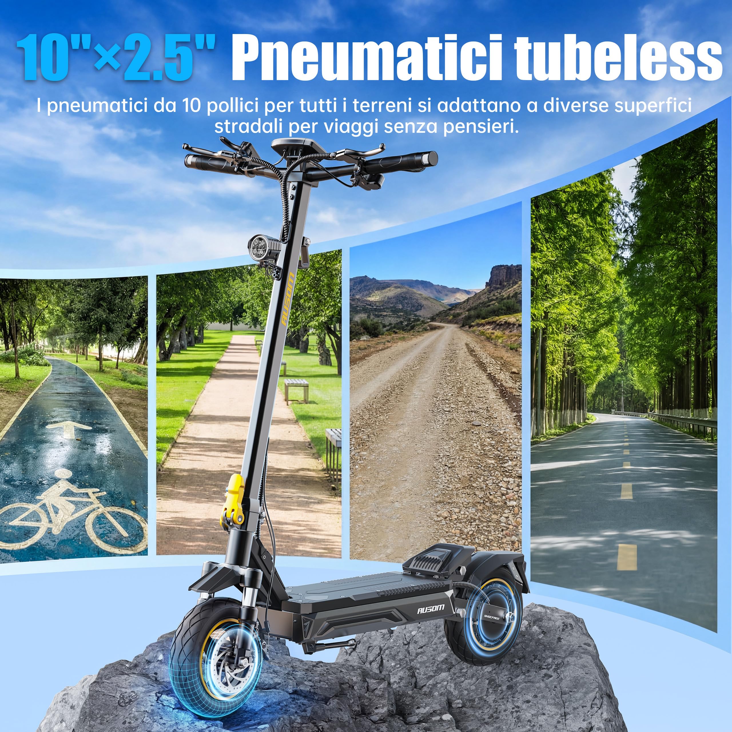 Monopattino Elettrico Ausom K20 Pro per Adulti,Batteria 48V 18Ah, Autonomia 90km, Pneumatici 10" Tubeless, Doppio Disco, Pieghevole, IPX5