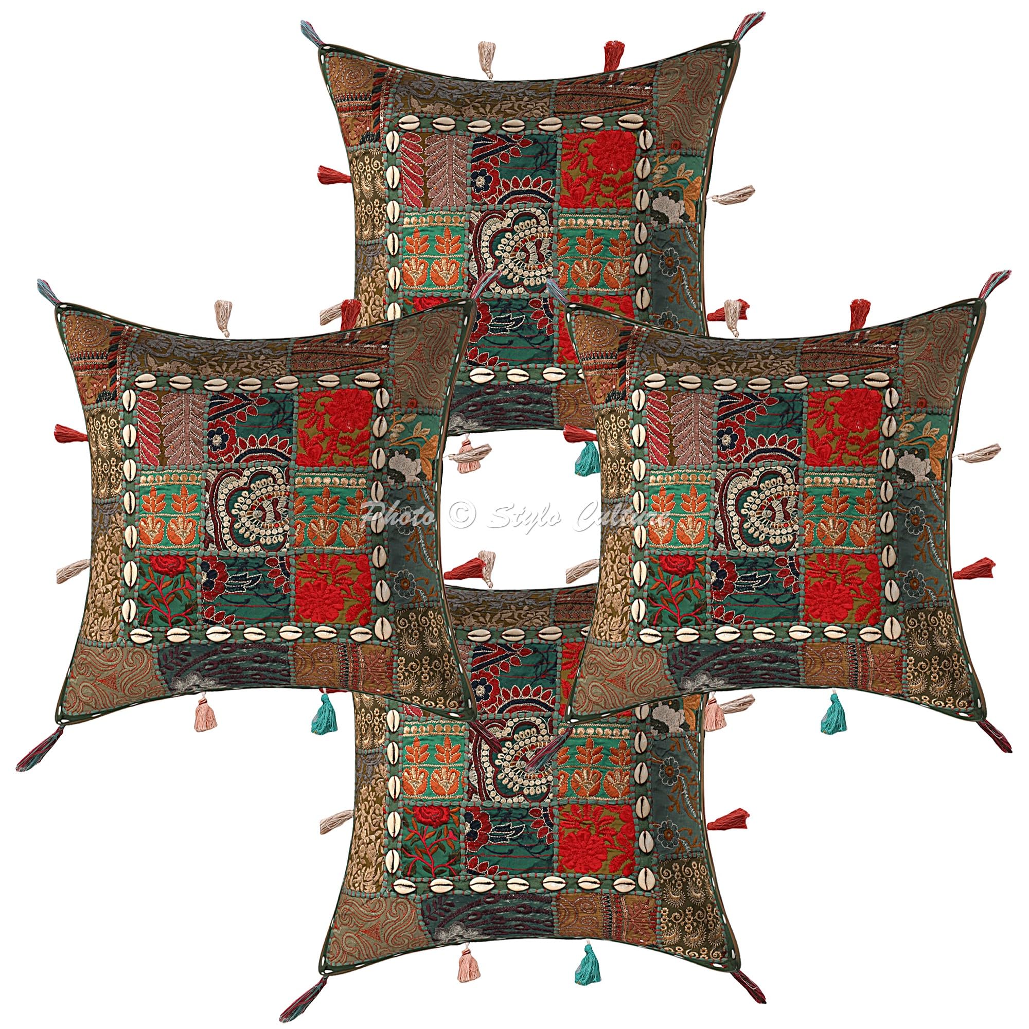 Indische Dekorativ Baumwolle Couch Kissenbezüge 43x43 cm Dunkelgrün Dekokissen Gesticktes Patchwork Schlafzimmer Sofa Kissen Bezüge Blumen Quadrat Kissenhullen - 4 STK.