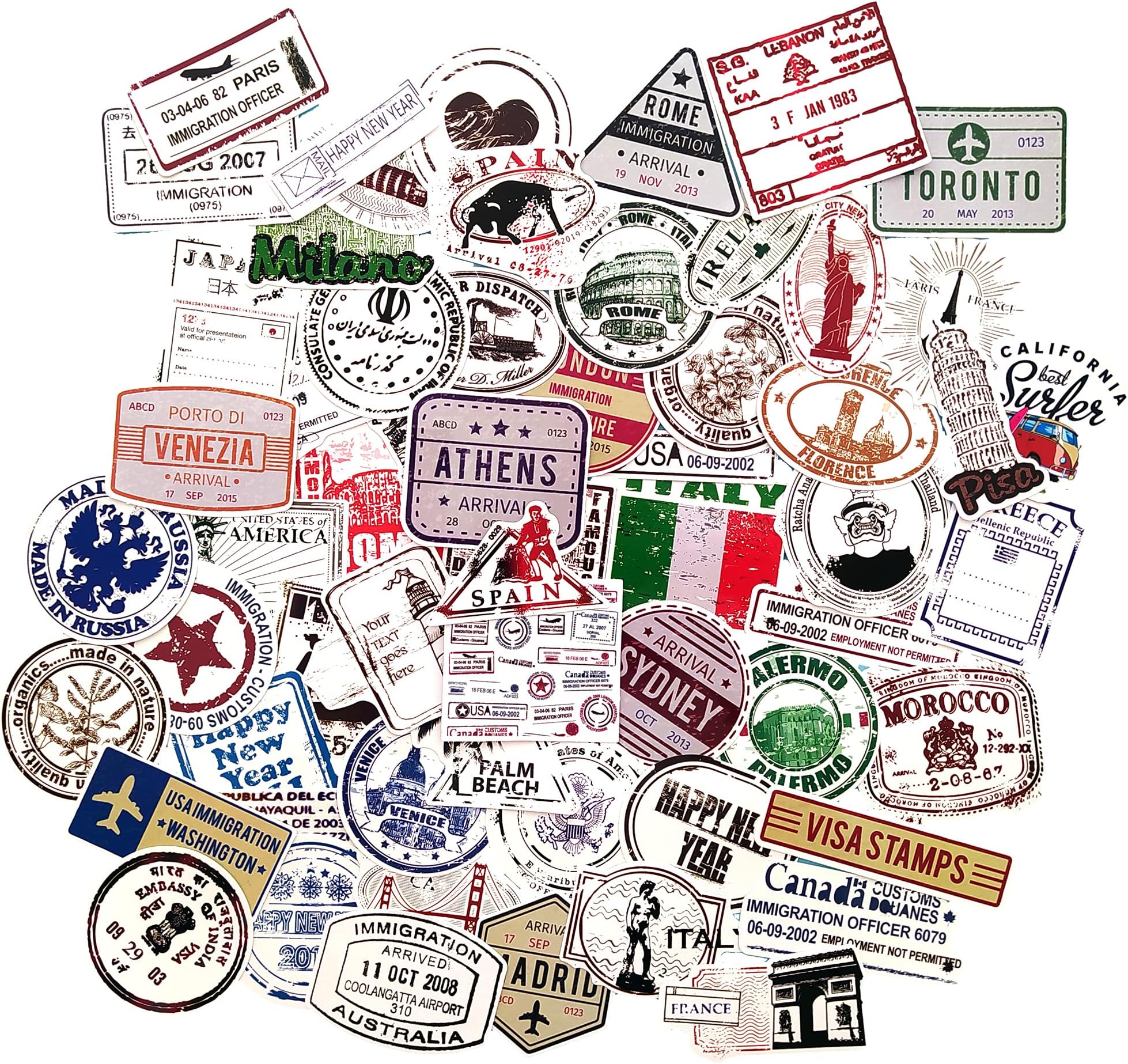 TARIFA UNITED Vintage Country & City Stamps Retro Travel Stickers, 60pcs PVC Waterproof & Sunproof, Multicoloured, Perfect for Suitcases, Laptops, Skateboards & More