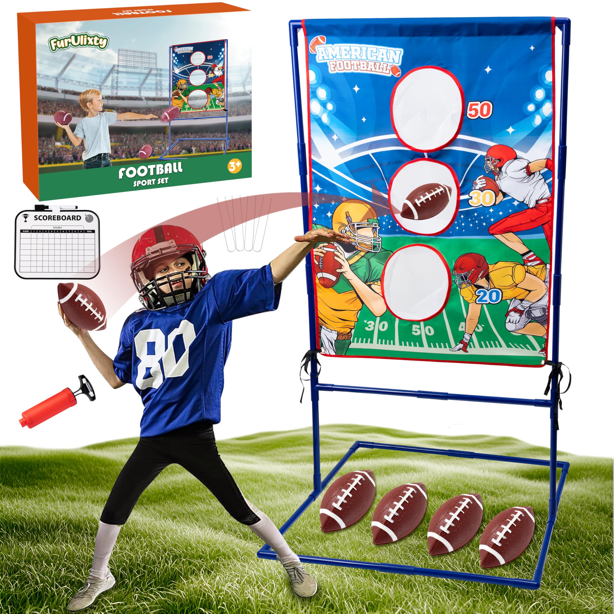 Football Toss Target Game for Kids - Inflatable Throwing Toy with 4 Footballs & Scoreboard | Indoor Outdoor Sports Gift for Boys Girls Ages 5-12(Portable, Easy Setup)