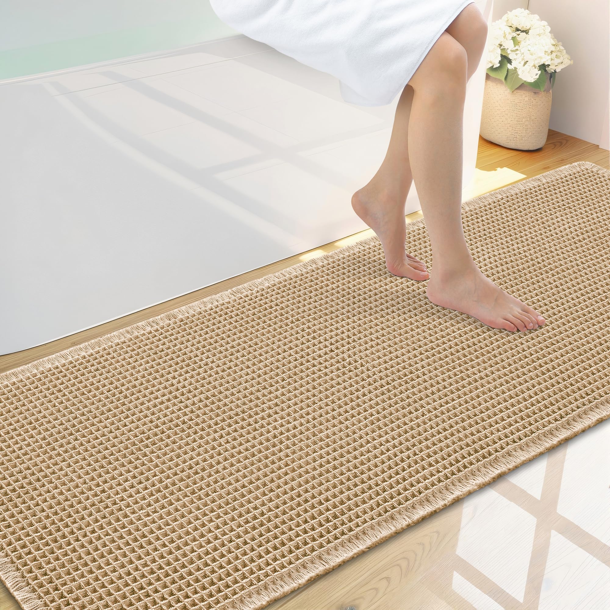 Smiry Waffle Bath Mat 59X20, Extra Soft Absorbent Bathroom Rugs, Brown