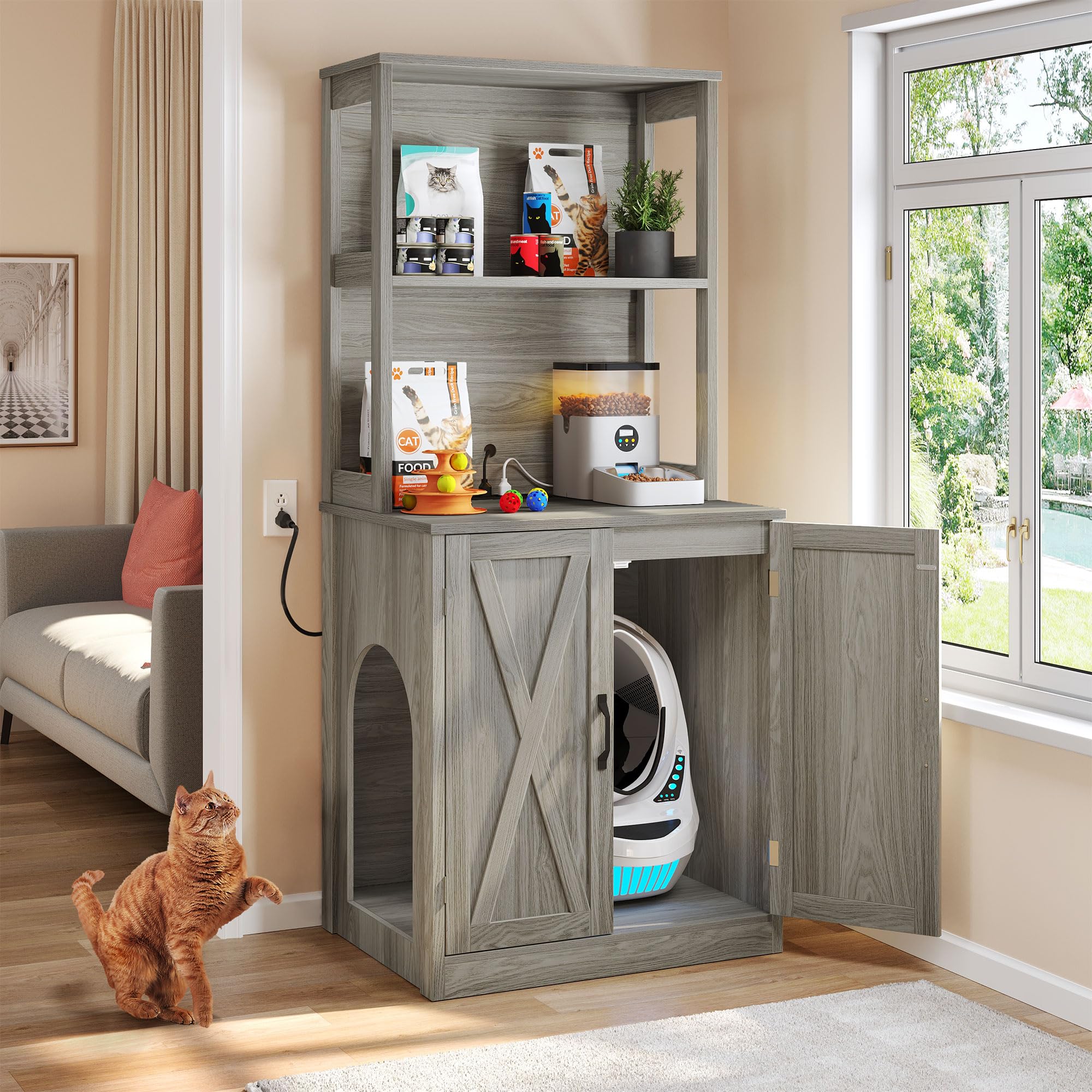 Maksone Hidden Large Cat Litter Box Furniture,White And Wood