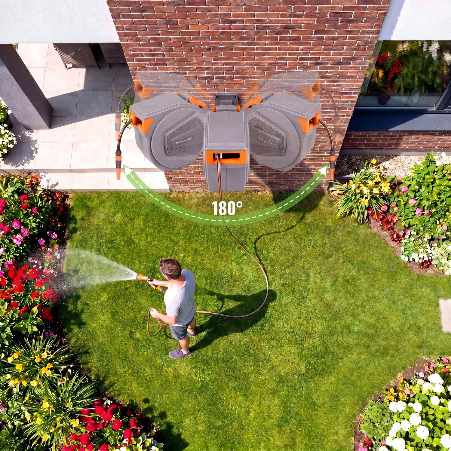 TLGREEN Zwijadło na Wąż do Podlewania Montowany do Ściany 20 m x Ø 12 mm, Wózek na Węże Wodne, Obracany 180°, Dysza z 9 Modelami, Automatyczne Zwijanie z Blokadą, Uchwyt Montowany do Ściany do