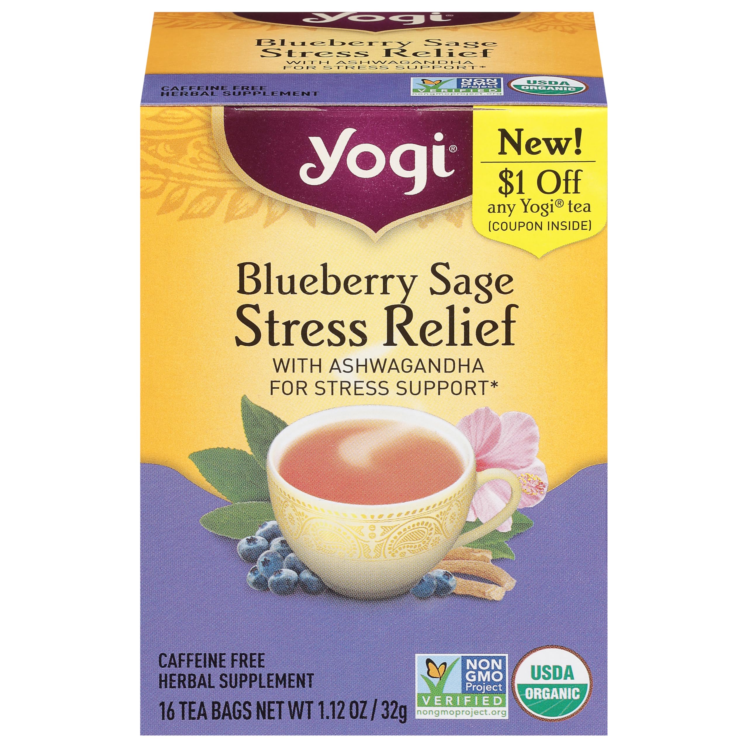 Yogi Teas (Groc), Stress Relief Blueberry Sage Caffeine Free Tea Bags, 16 Count