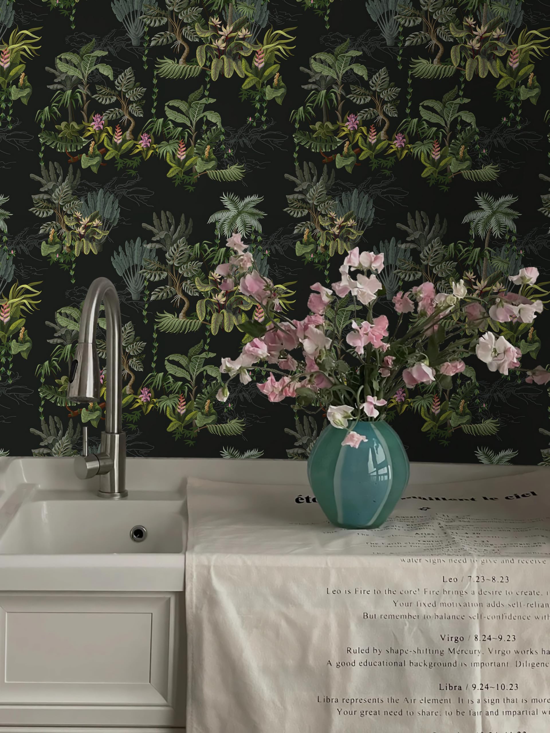Timeet Selbstklebende Tapete Schwarz 41x300cm Tropische Botanische Blumen Möbelfolie Selbstklebend Klebefolie Vinyl Wasserdicht Klebetapete für Schlafzimmer Wohnzimmer Küche Wand Möbel