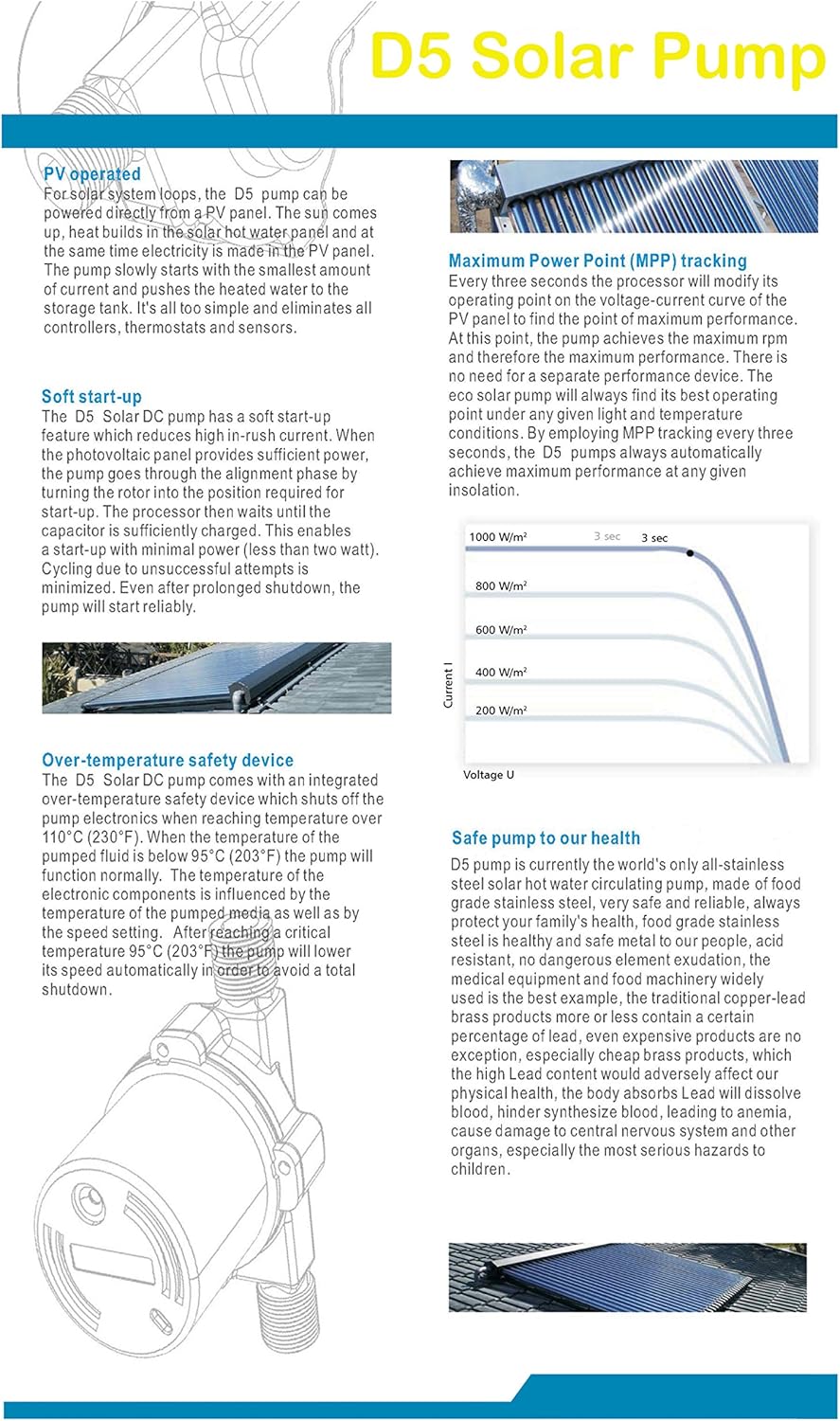 6~24V Solar Hot Water Pump with variable speed function- Can handle temperatures up to 230F - With three-phase ECM brushless DC motor. FDA, REACH,CE, RoHS, ISO9001 certificated (6.0 GPM)