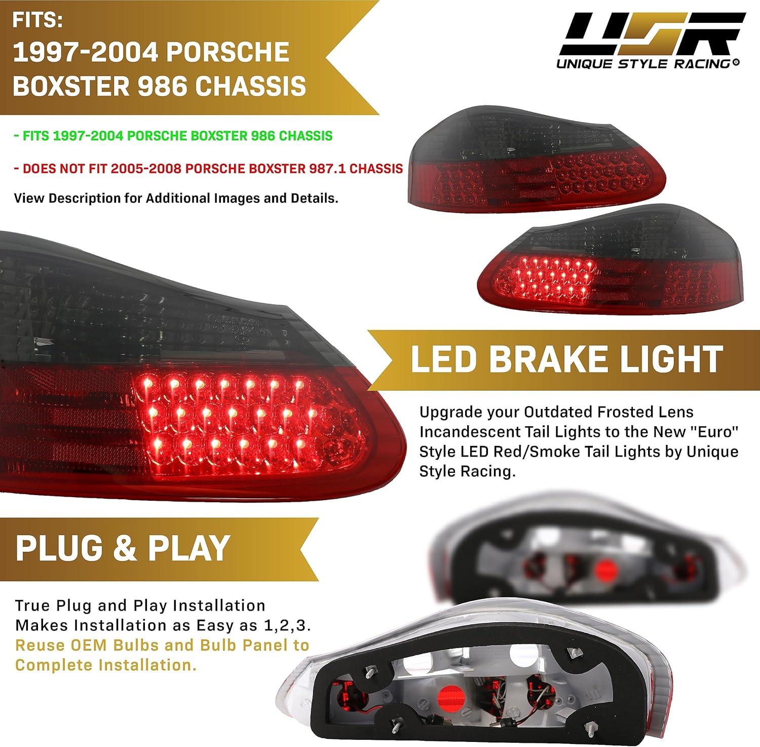 DEPO 986 LED Tail Lights - (UPGRADE) Rear Smoke LED Taillights Stop Brake Turn Signal Lamps Set (Left + Right) Compatible with 1997-2004 Porsche Boxster 986 Roadster Base and S (Red/Smoked Lens)