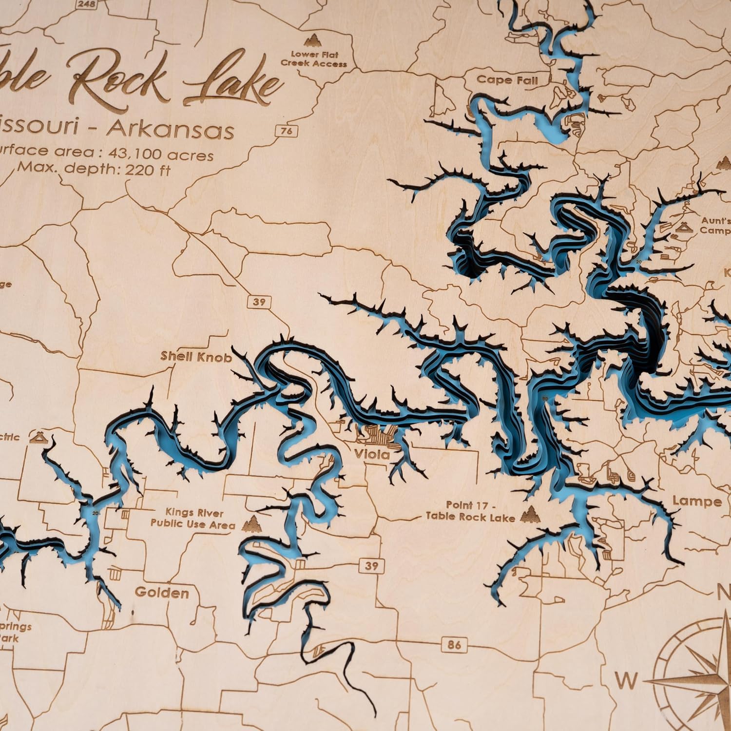 Personalized 3D Table Rock Lake Wood Map - Lake Depth Map Art - 6-Layer Nautical Decor - Rustic Wall Art for Lake House, Cabin - Gifts for 5th Anniversary, Father’s Day, Christmas, Housewarming