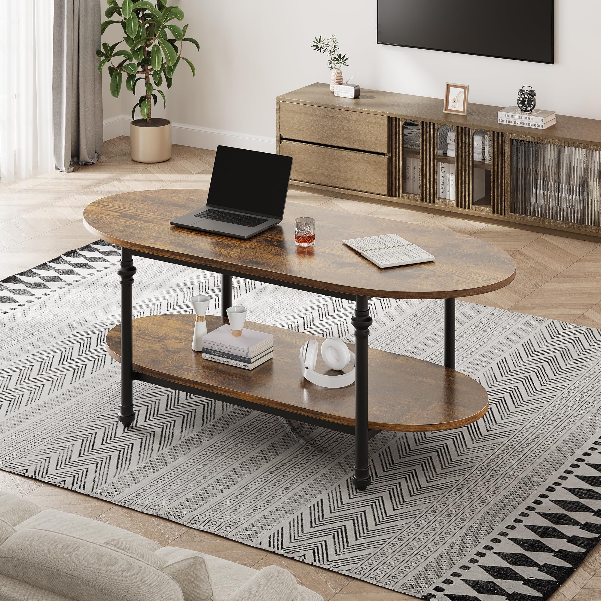Mesa de centro ovalada de madera de 2 niveles – Patas metálicas estilo columna romana – Estante abierto – Diseño industrial rústico para salón, dormitorio u oficina – Mesa auxiliar vintage – vintage
