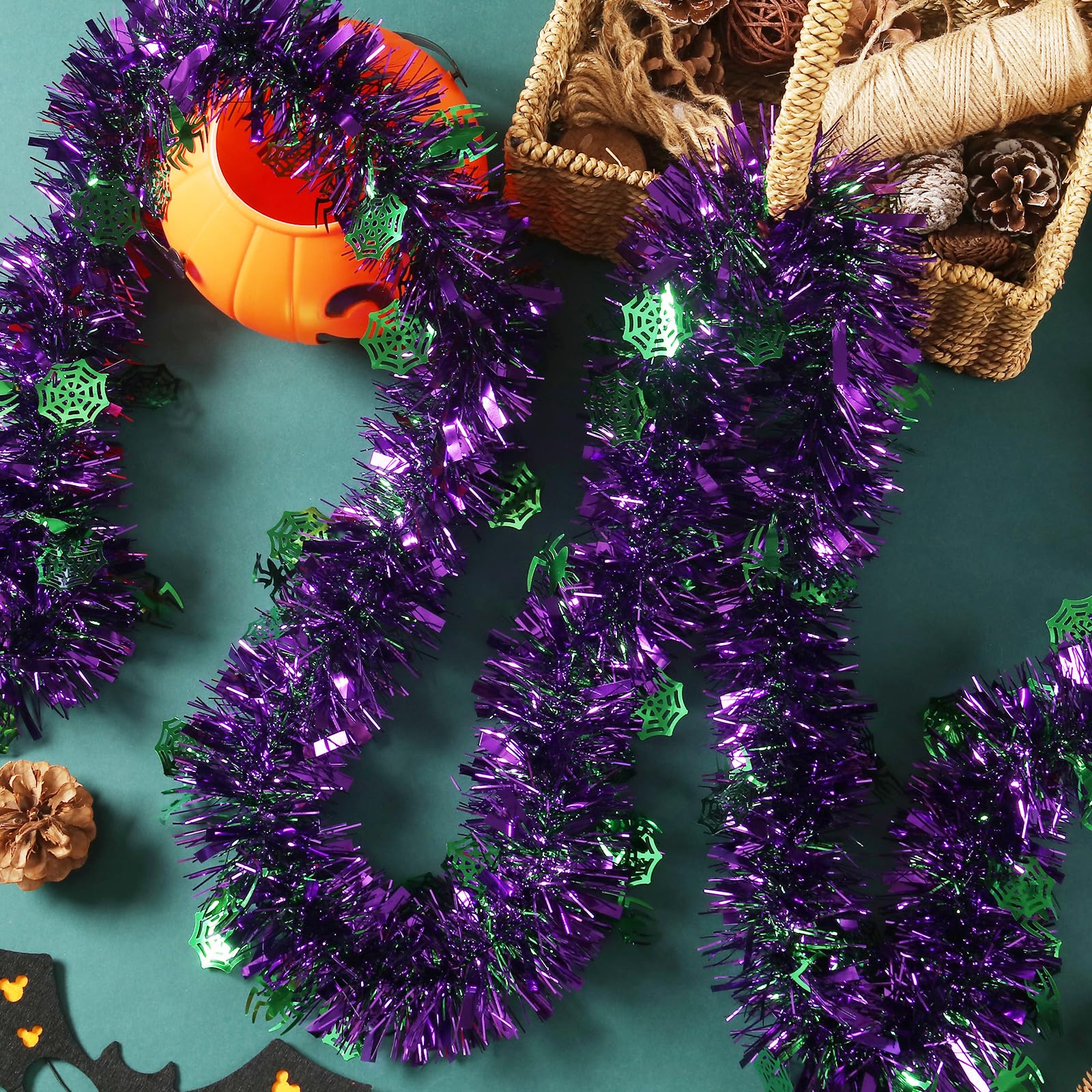 50 Feet Halloween Tinsel Garland Purple Green Spider Web Holiday Metallic Tinsel Twist Hanging Decorations for Birthday Halloween Party Supplies