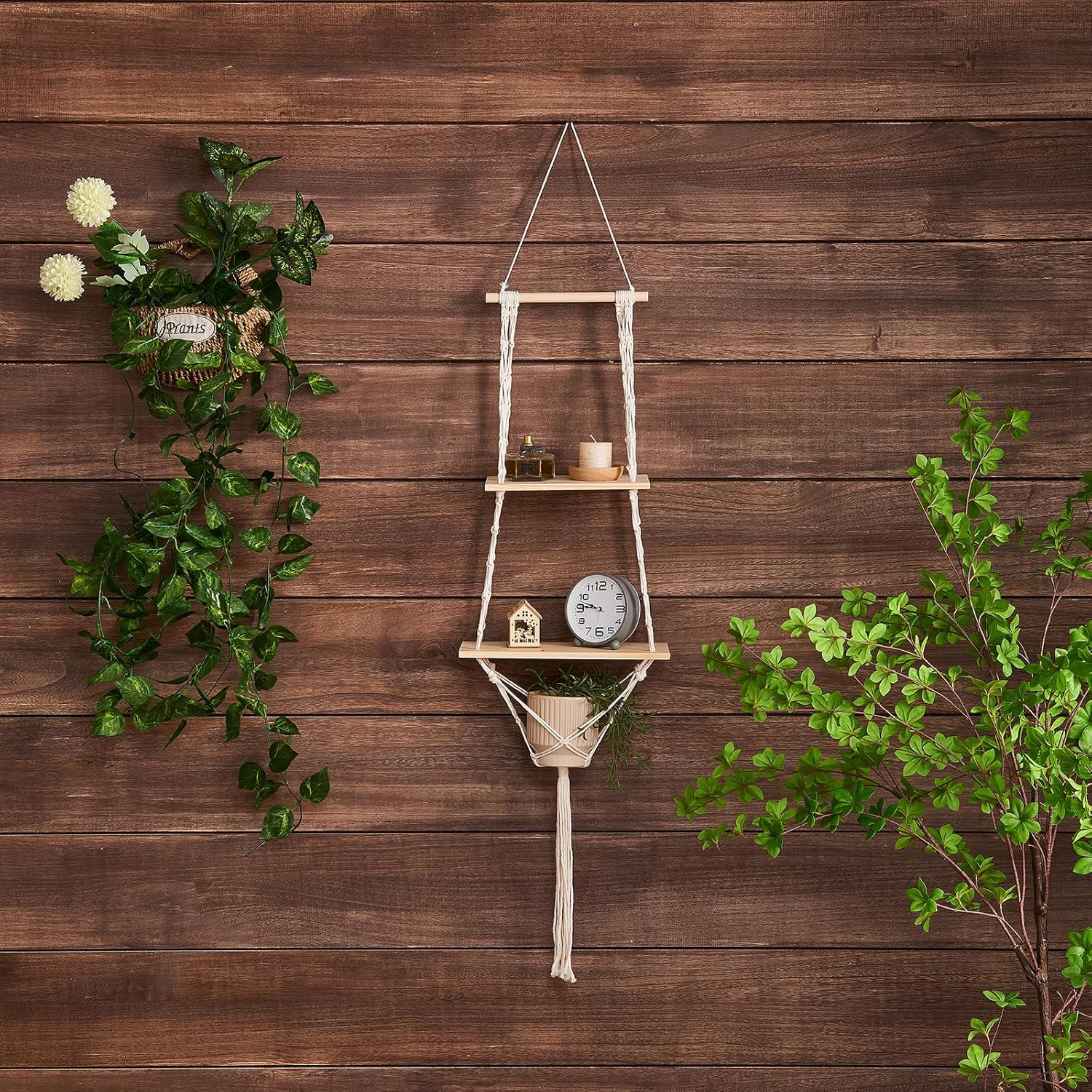 2 Tier Wooden Hanging Shelf, Boho Hand-Woven Cotton Wall Hanging Rack, Solid Wood Board, Featuring a Storage Net at The Bottom, Designed for Wall Mounting, Hanging Storage Shelves