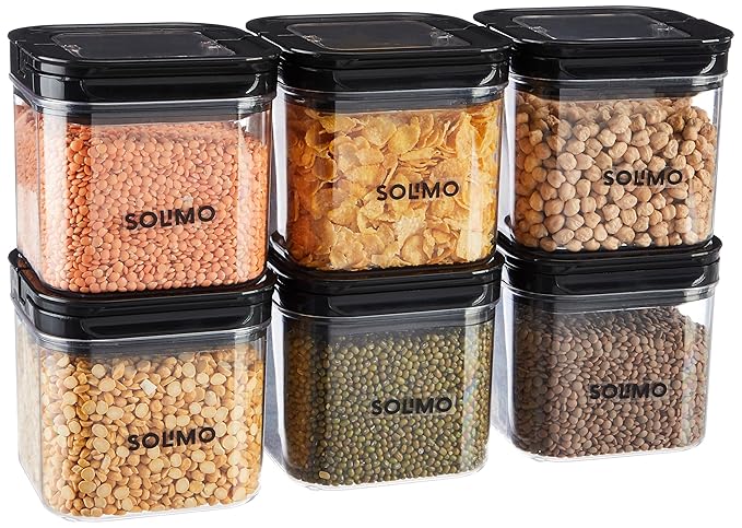 Solimo Airtight Plastic Storage Jar and Container Set-I | BPA Free | Multipurpose Storage | 750ml each, Set of 6 (Black)