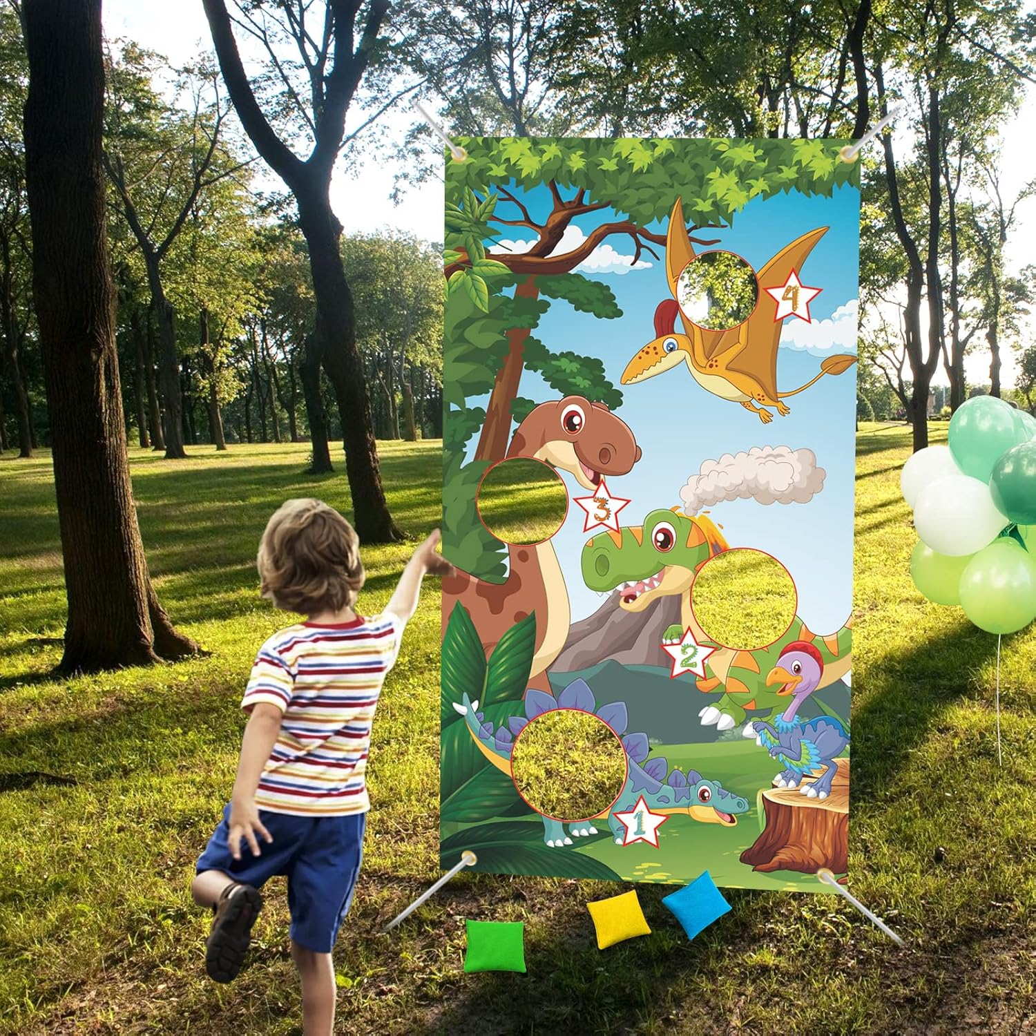 WEALLIN Dinosaur Toss Game Backdrop Banner with 3 Bean Bags, Kids Bean