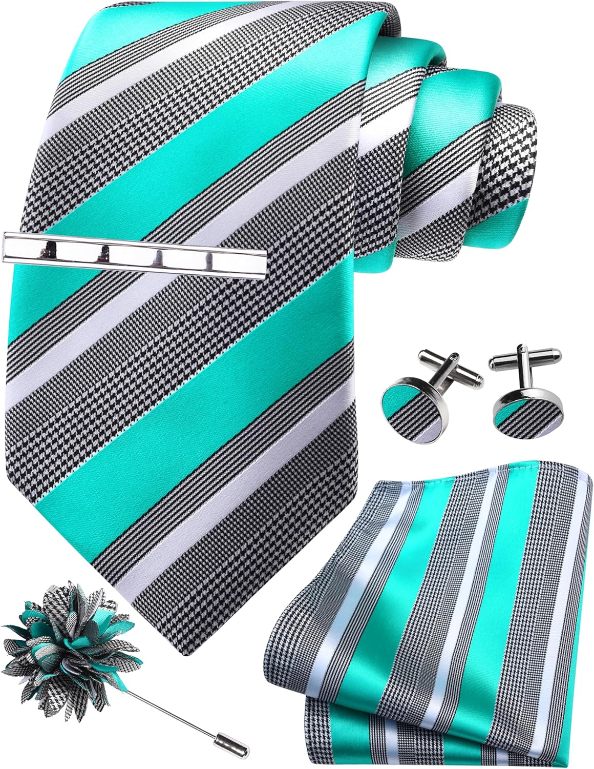 GUSLESON Striped Tie Set for Men Necktie and Pocket Square,Tie Clip,Cufflinks, Lapel Pin Sets with Gift Box 5PCS
