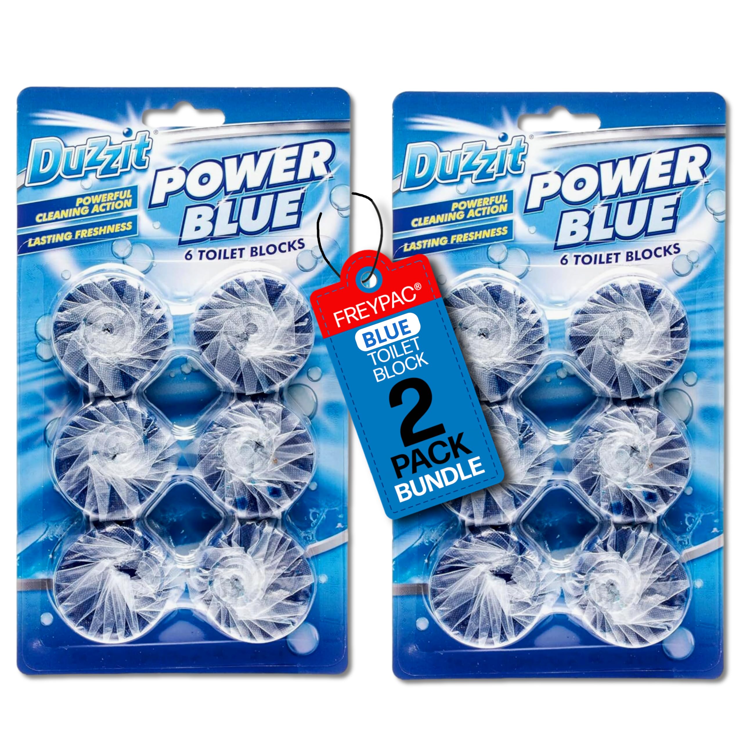 Duzzit Power Bleach Toilet Block Blue, Loo Deodoriser x 6 (2 Pack Bundle By FREYPAC®, 12 Blocks Total) (Blue)