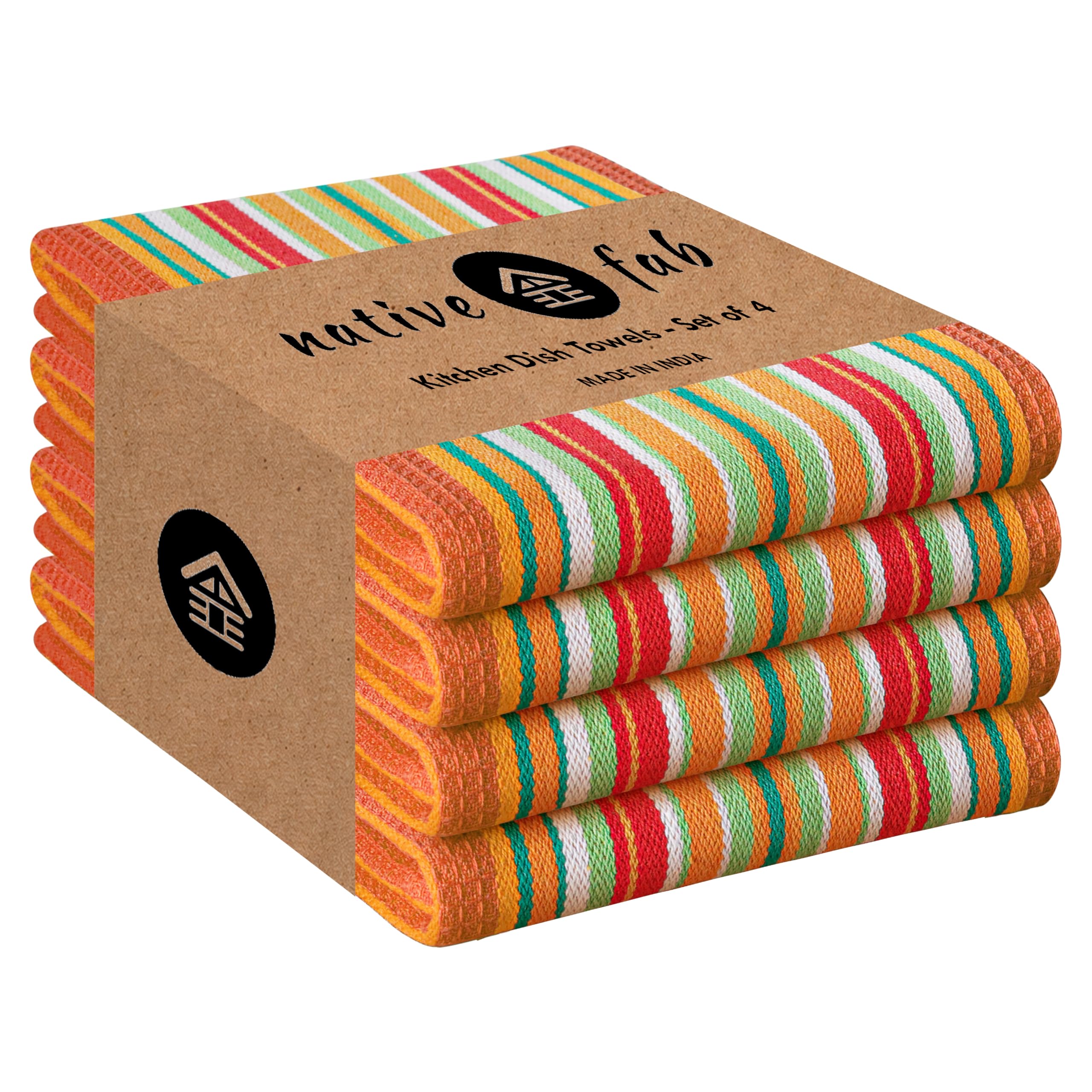 Native Fab Mexican Salsa Stripe Dish Towels, 4 Pack, 18x28, Super Absorbent, 100% Cotton Kitchen Towels for Drying, Reusable and Durable Washable Towels for Everyday Cooking and Cleaning, Orange