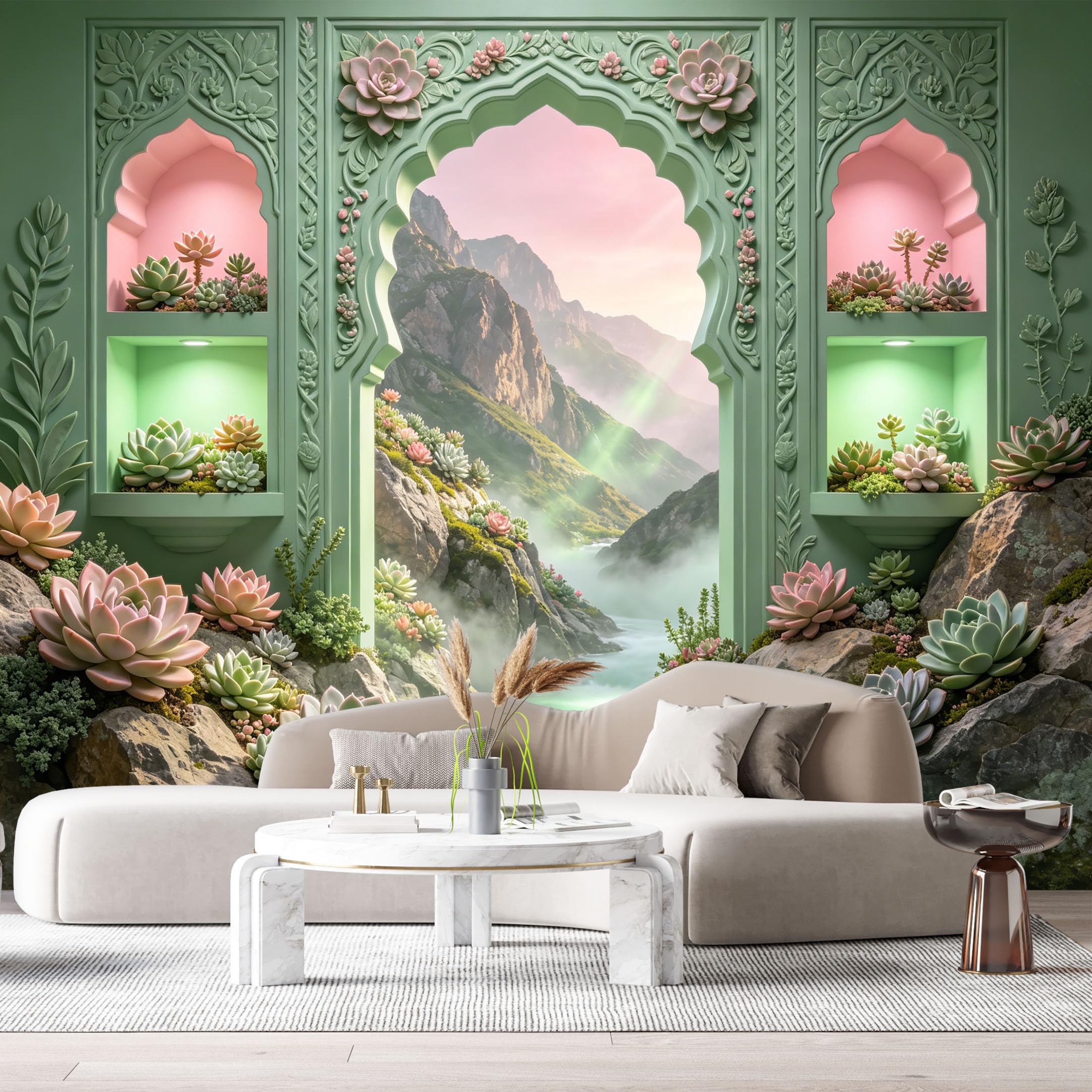 Custom Size Wall Murals Mint Green Archway Succulents Pastel Landscape 3D Trompe L'Oeil SelfAdhesiveWall Fabric Removable Wallpaper Wall Decor for Living Room Bedroom Bathroom