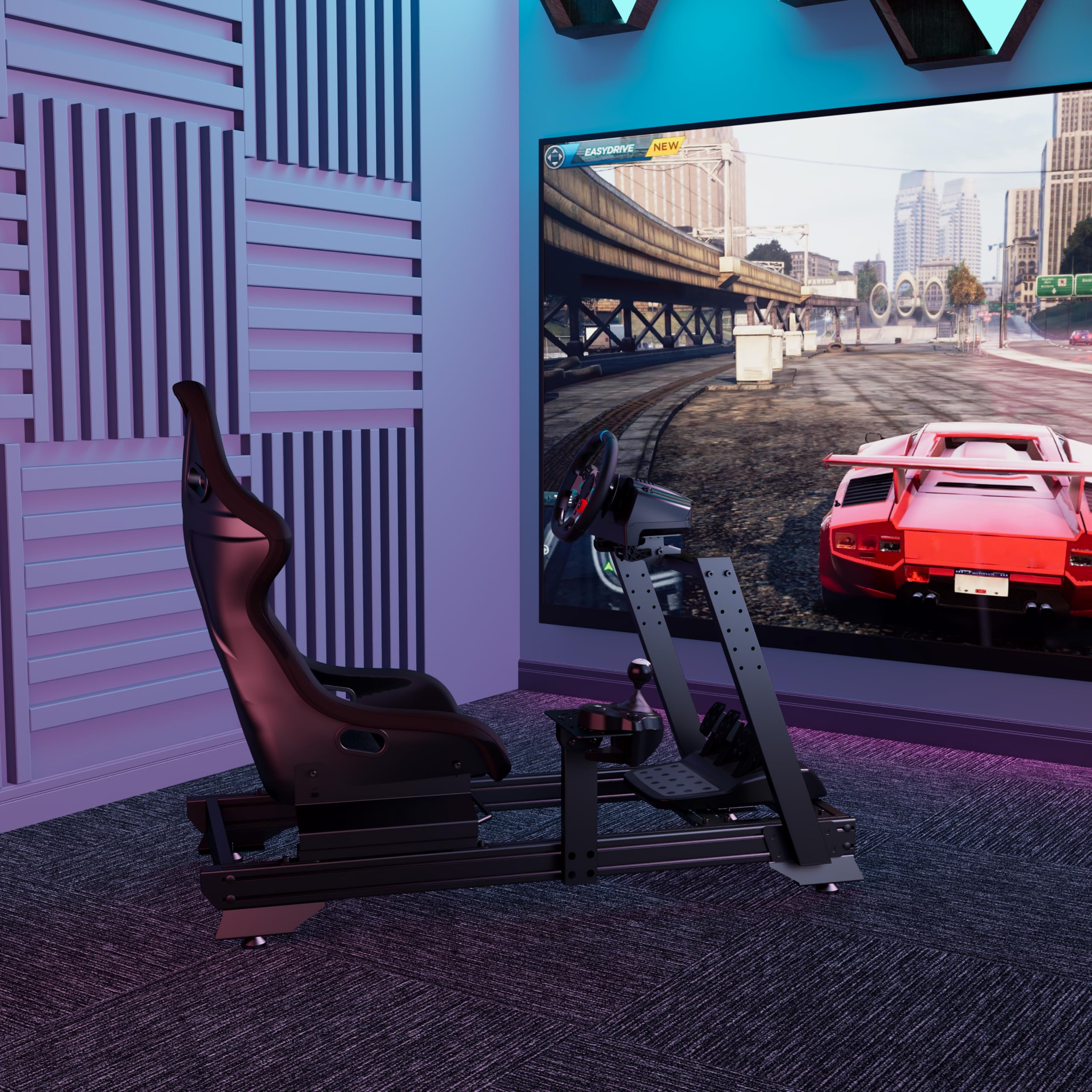 Indeca Cockpit Simracing Magnus Racer GTR con Asiento | Soporte para Volante, Pedales y Palanca de Cambios | Estructura de Aluminio y Acero | Ajustable y Estable