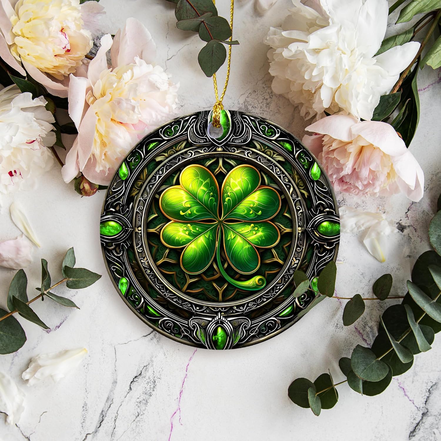 Saint Patrick’s Day Ornament | Vintage Green Lucky Four Leaf Irish Christmas Ornament, Ireland Heritage Luck of The Irish (Crystal Lucky Clover) - Image 2