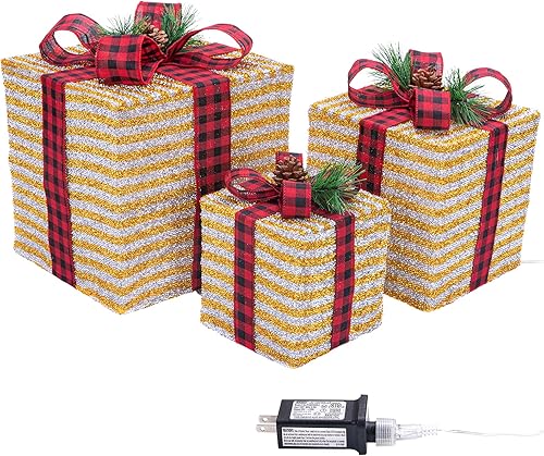Miniatura 2 de Sunnyglade Juego de 3 cajas de regalo iluminadas de Navidad de 10 a 8 a 6 pulgadas, cajas de decoración con enchufe, lazos, hojas de pino