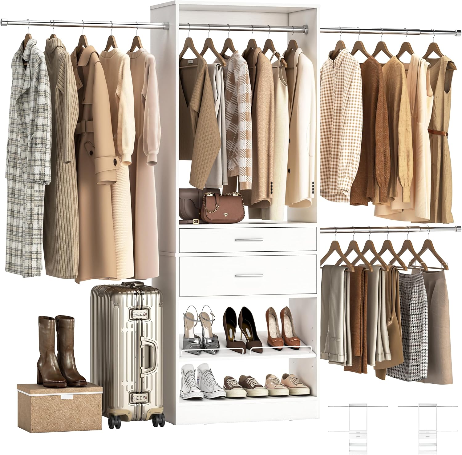 Unikito 8FT Wood Closet System with 2 Drawers and Adjustable Shoes Rack, Closet Organizer System with 3 Hanging Rods, 96’’ Walk-in Closet Wardrobe, Garment Rack, 96" W x 15" D x 80" H, White