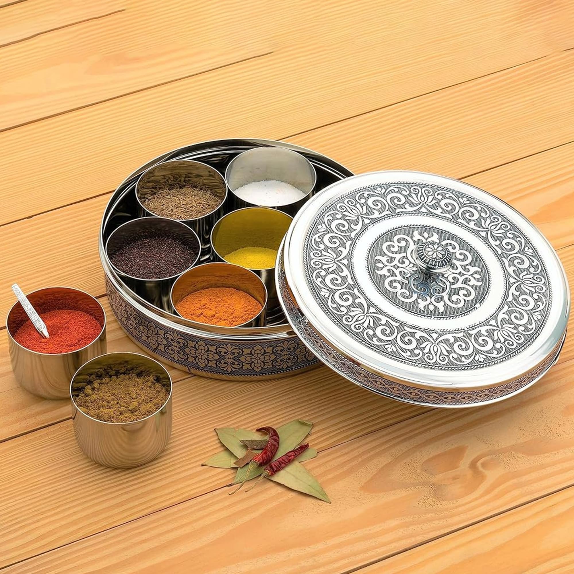 ShCraft Design Stainless Steel Masala Box for Kitchen 7 Containers with Spoon Capacity (600gm) Rangoli Design Condiments Masala Dani Spice Box for Kitchen with Lid (B0C7NRGM7D) Amazon Price History, Amazon Price Tracker
