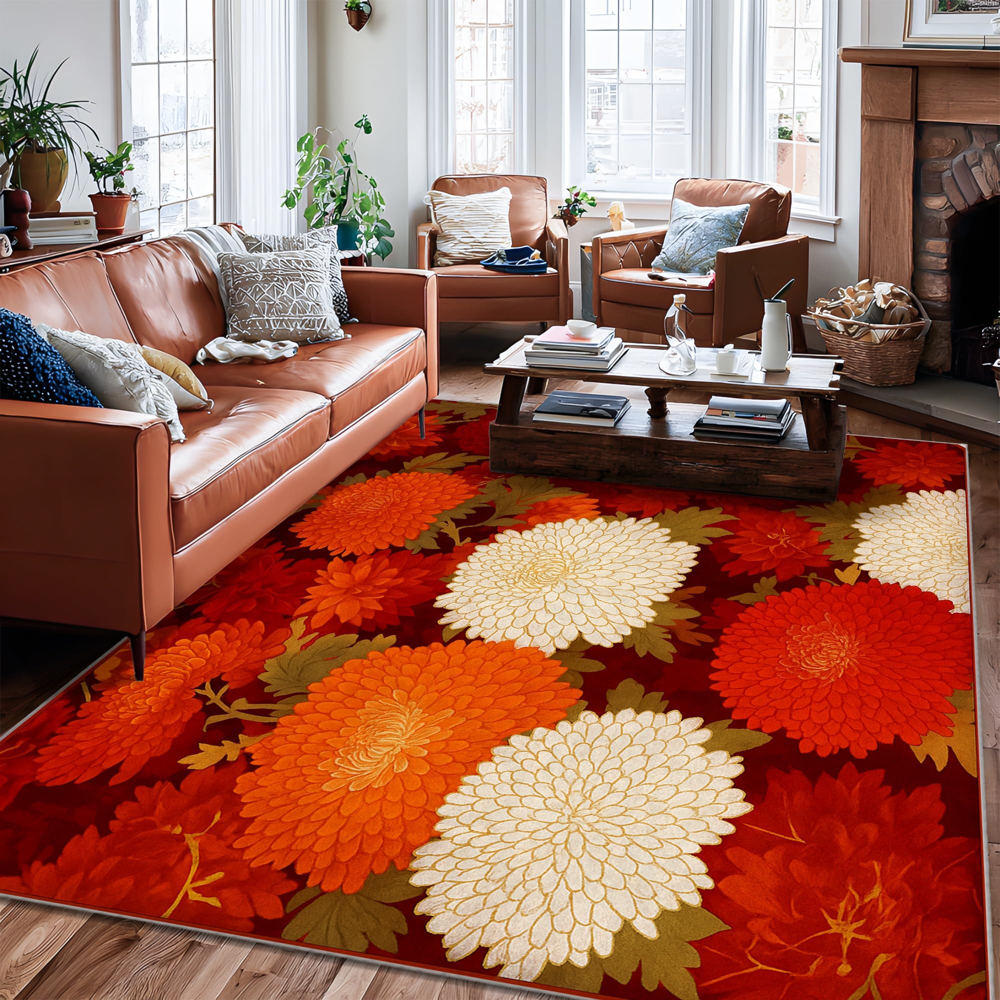 Tapis chrysanthème haut de gamme motif floral rouge automne antidérapant 1,8 m salon