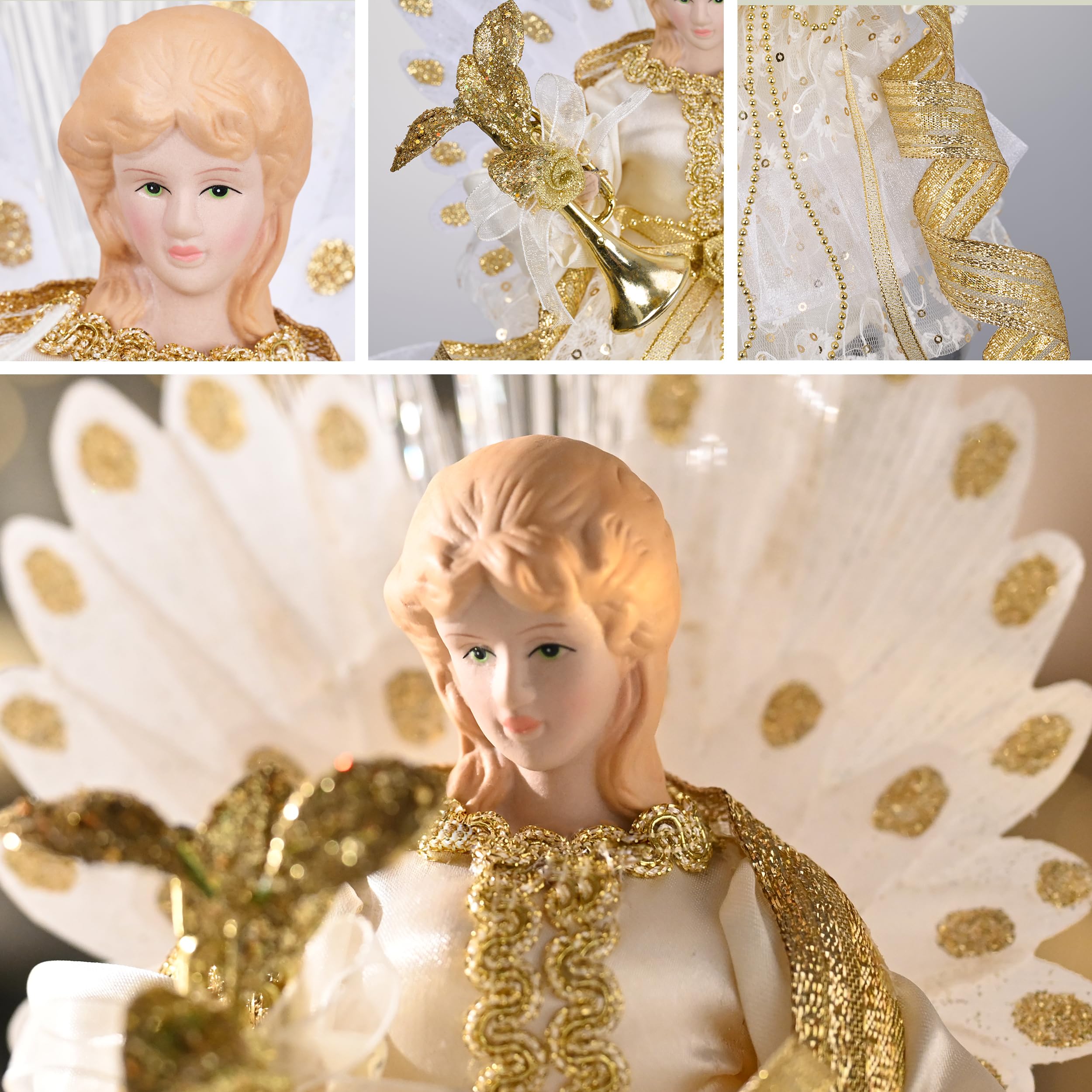 Valery Madelyn 26cm Weihnachtsengel Weihnachtsbaumspitze Weihnahctdekorationen Engel Christbaumspitze mit 10 batteriebetrieben warmen LED-Lichtern Weiß Golde（M）