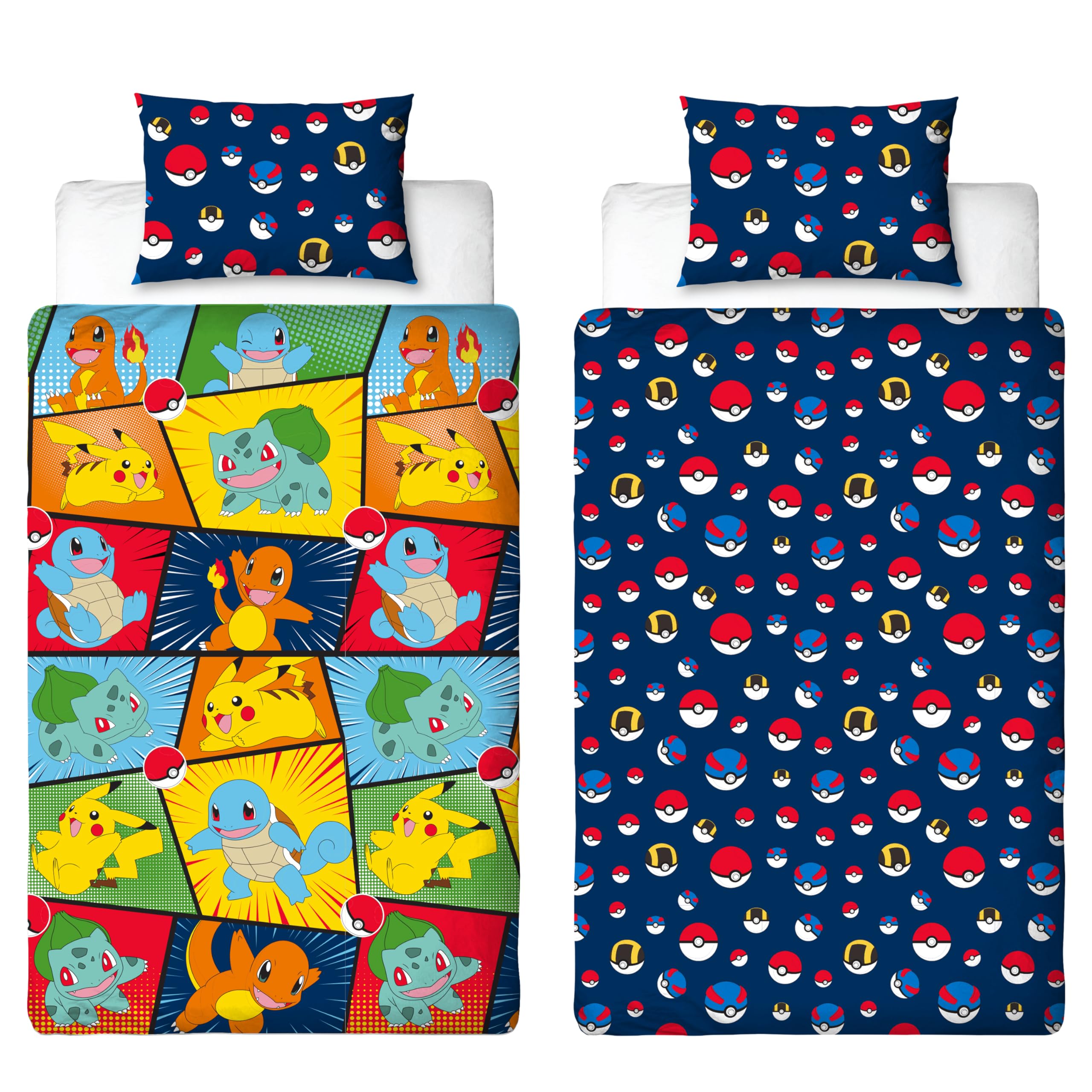 Pokemon Officially Licensed Single Kids Duvet Cover Set | Pikachu Bulbasaur Charmander Squirtle Design Reversible 2 Sided Bedding with Matching Pillowcase | Childrens Single Bed Set-image-49
