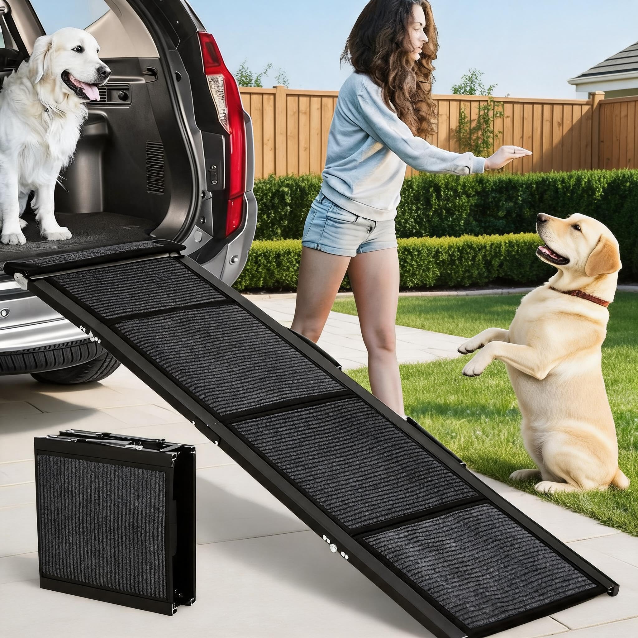 Aluminium Alloy Dog Ramps, 160 x 50 cm Pet Ramp for Car with Non-Slip Rug Surface,Large Stairs Steps for Medium & Large Dogs Up to 250 LBS Get Into a Car, SUV & Truck
