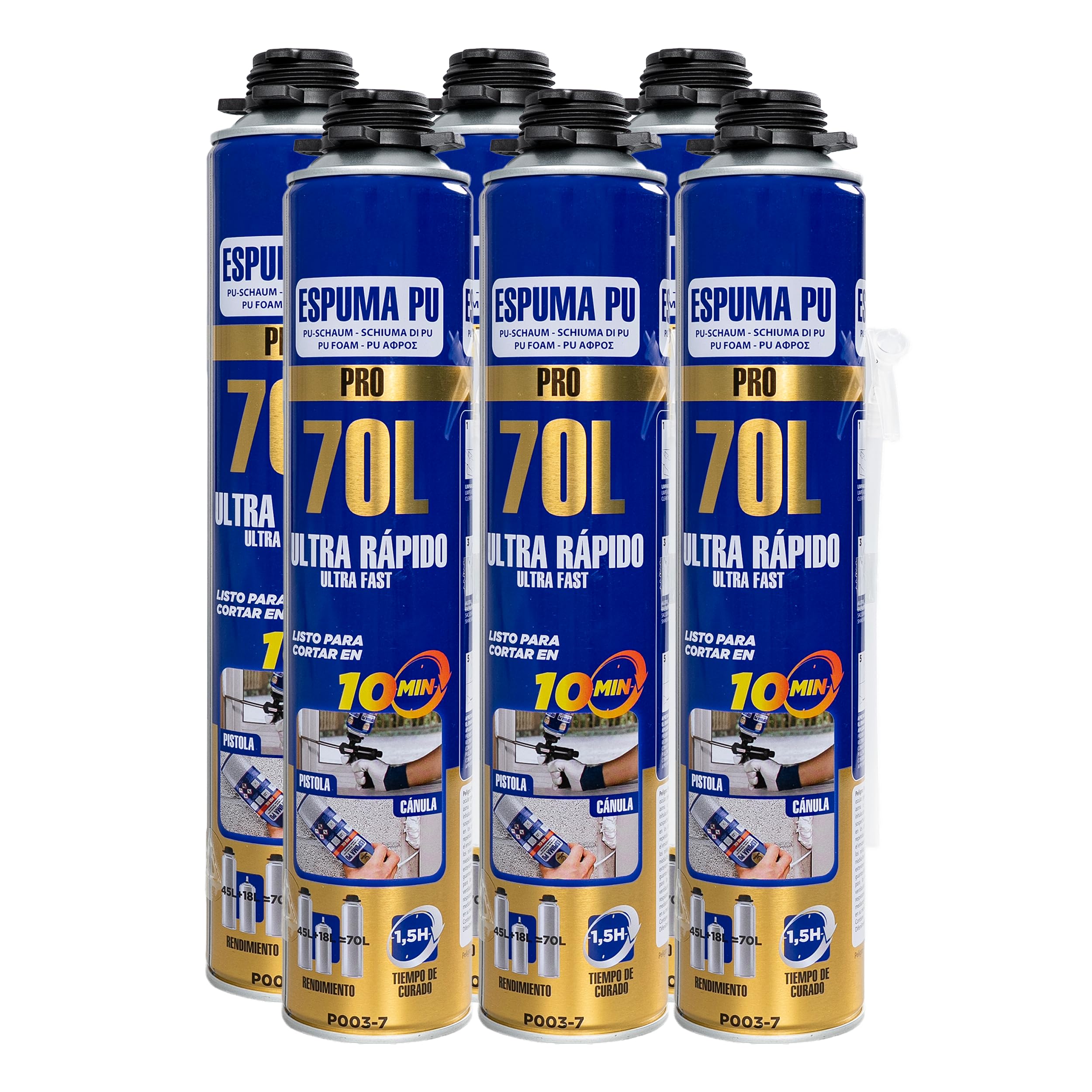 Etrexonline Espuma de Poliuretano 70L Ultra Rápida 750ml con Cánulas – Espuma Expansiva Multiusos para Sellado, Aislamiento y Relleno - Pack de 6 Botes