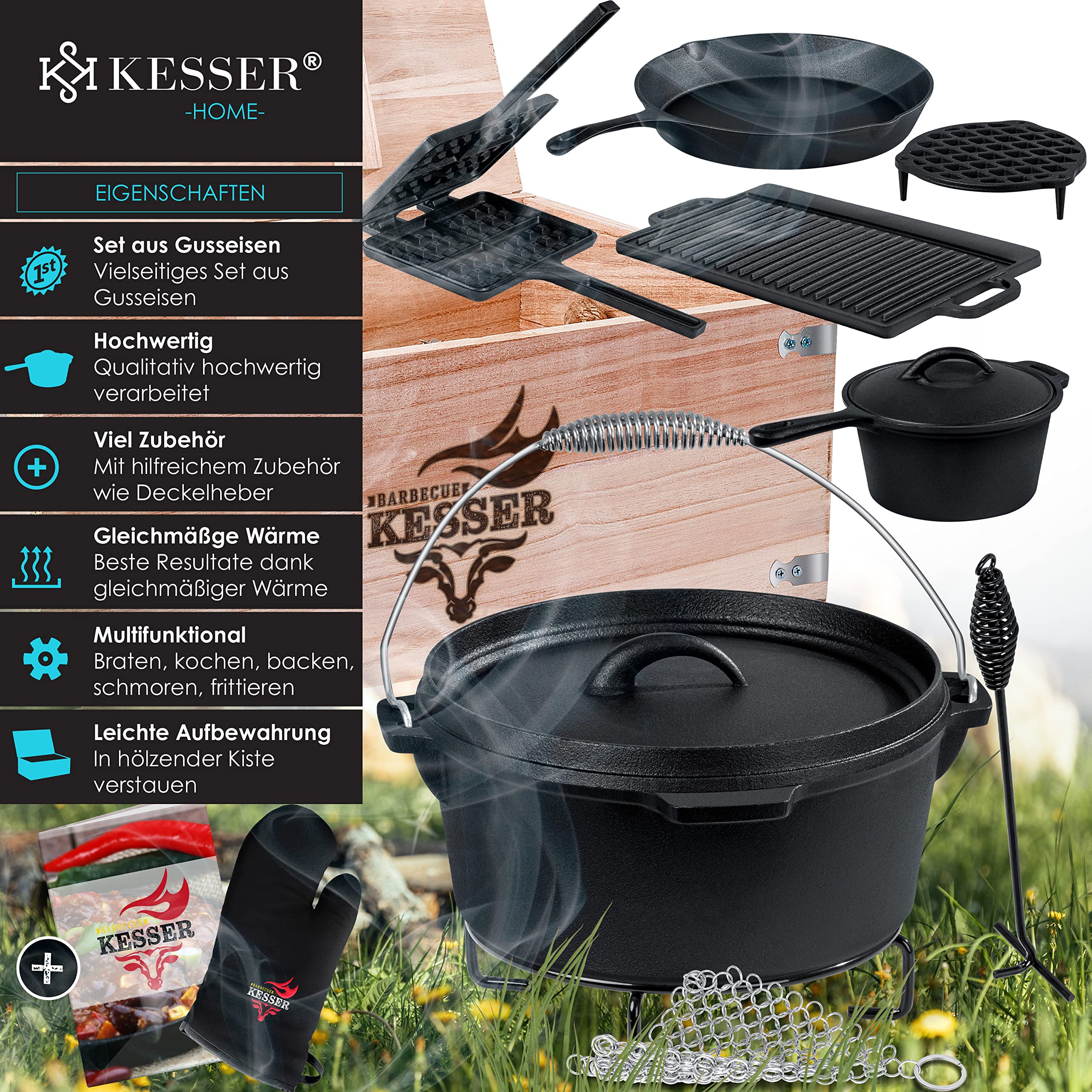 KESSER Dutch Oven Set 12 pièces en fonte avec caisse en bois, gaufrier, plaque de gril et poêle