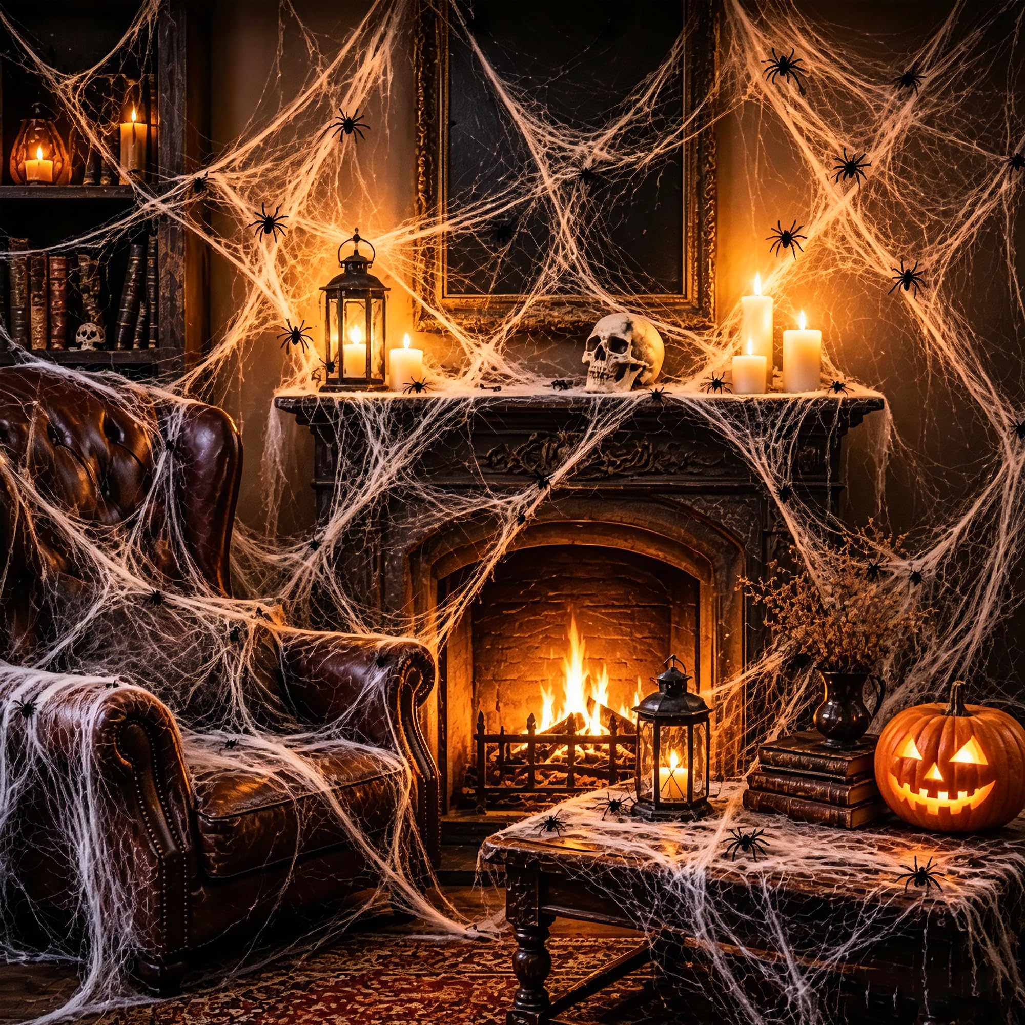 LLNRC 120g Halloween Spider Web Decoration with 40 Fake Spiders, Stretchable White Cobwebs for Indoor Outdoor Halloween Decorations, Haunted House, Garden, Front Door, Party Supplies
