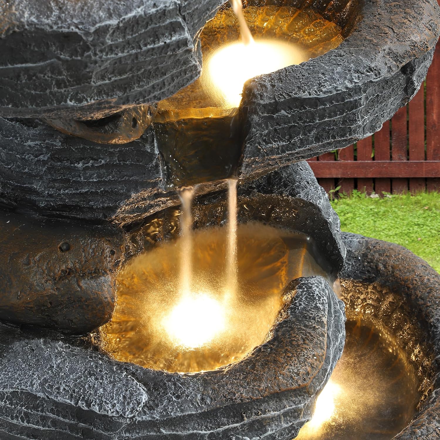 5 Tiers Garden Fountain Outdoor, 26.4" Rock Waterfall Feature with 4 LED Lights, Modern Resin Fountain Freestanding with Pump and Dicky Bird for Indoor and Porch Patio, Home Art Decor, Grey