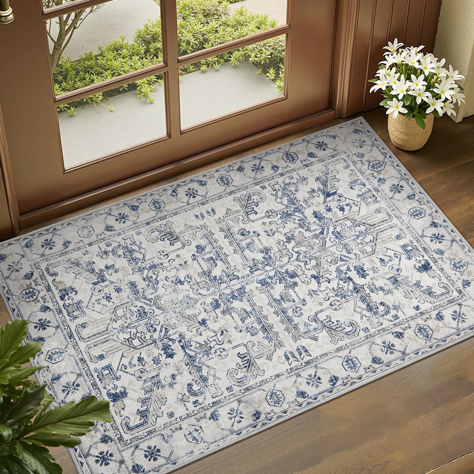 jinchan Lima 2x3 Entryway Washable Rug - Non-Slip Indoor Distressed Doormat Small Rug Low Pile Ultra-Thin Accent Floral Print Indoor Mat for Entrance