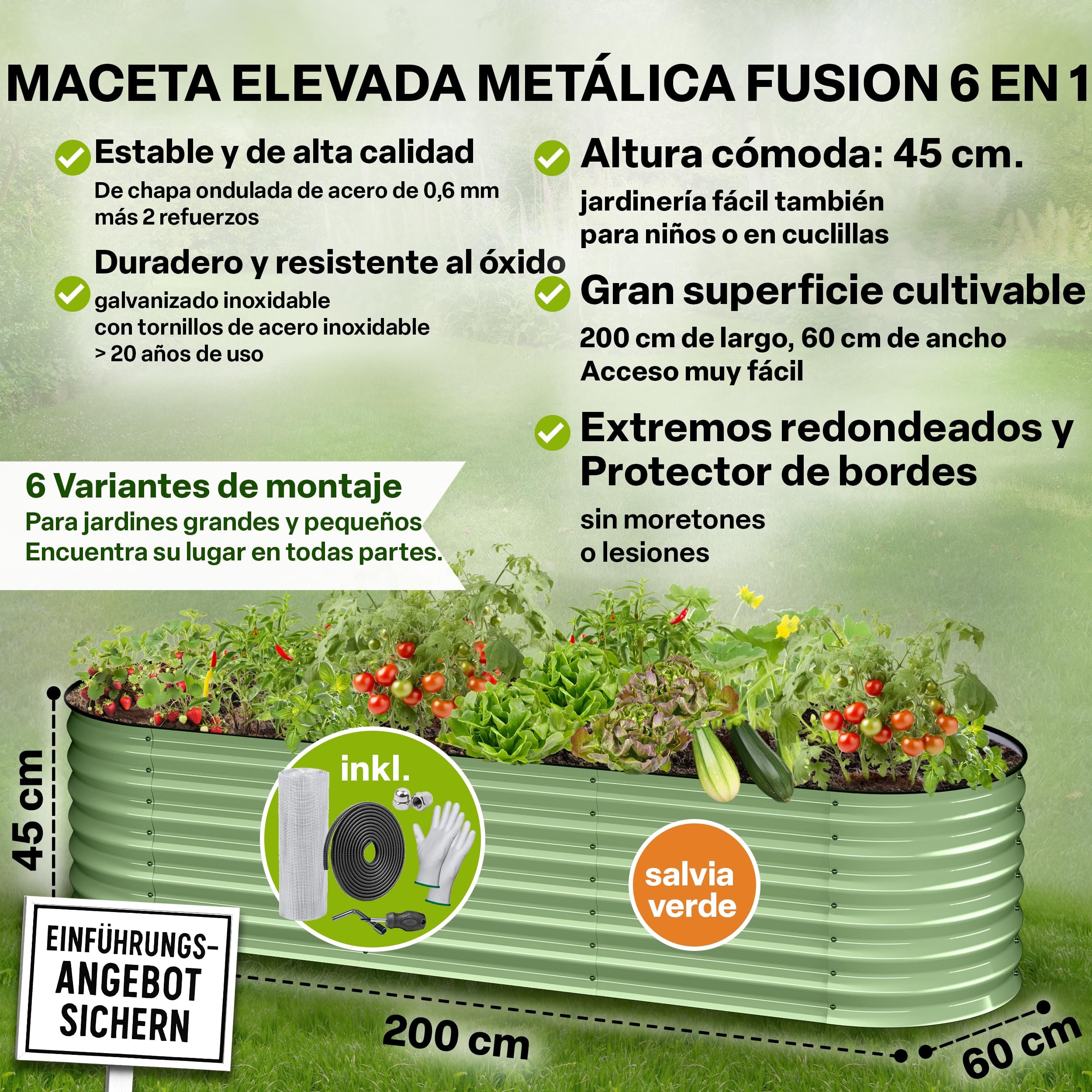 TTL GARDEN 200 x 60 x 45 cm Metal Hochbeet Fusion 6 en 1 Salvia Verde – Acero inoxidable galvanizado y lacado, 45 cm de alto 60 cm de ancho, forma ovalada, estable, jardín, bancal para verduras