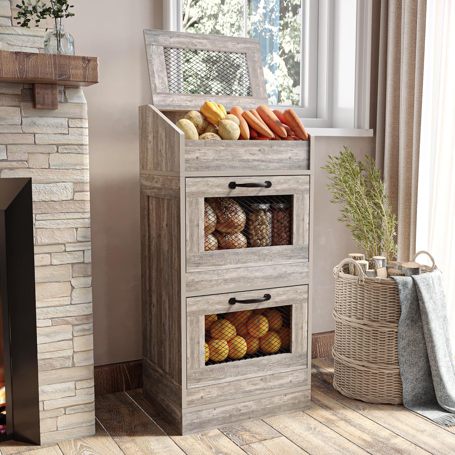 Potato Storage Bin with Lid, Rustic Wooden Onion Storage Bin, Bread Box for Kitchen, Kitchen Decorative Vegetable Storage Cabinet, Rustic Grey HPC001SG