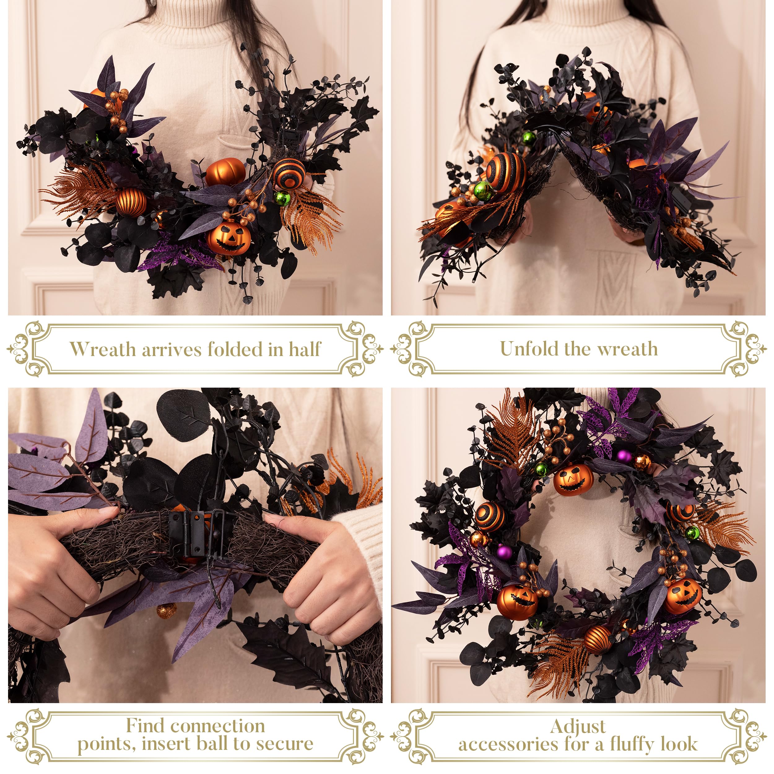 Valery Madelyn Couronne d'Halloween pour porte d'entrée avec lumières, 61 cm - Couronne de citrouille pré-éclairée - Décoration d'Halloween pour centre de table, fenêtre, fête intérieure, vacances,