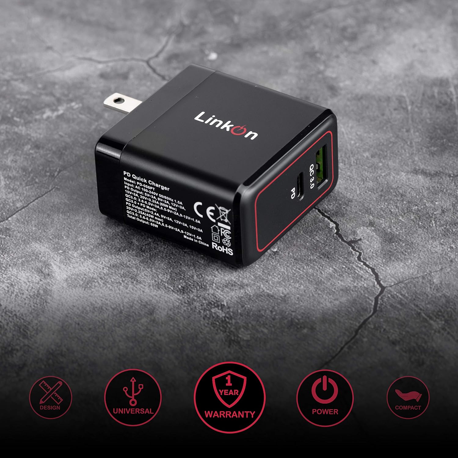 LinkOn Ganius 65W Wall Charger GaN Tech 65W USB-C PD3.0 PPS and 18W USB-A QC4.0+ Compatible with MacBook HP Dell Lenovo Surface Samsung Galaxy S20 Ultra Note 10+ Portable Laptop Travel International