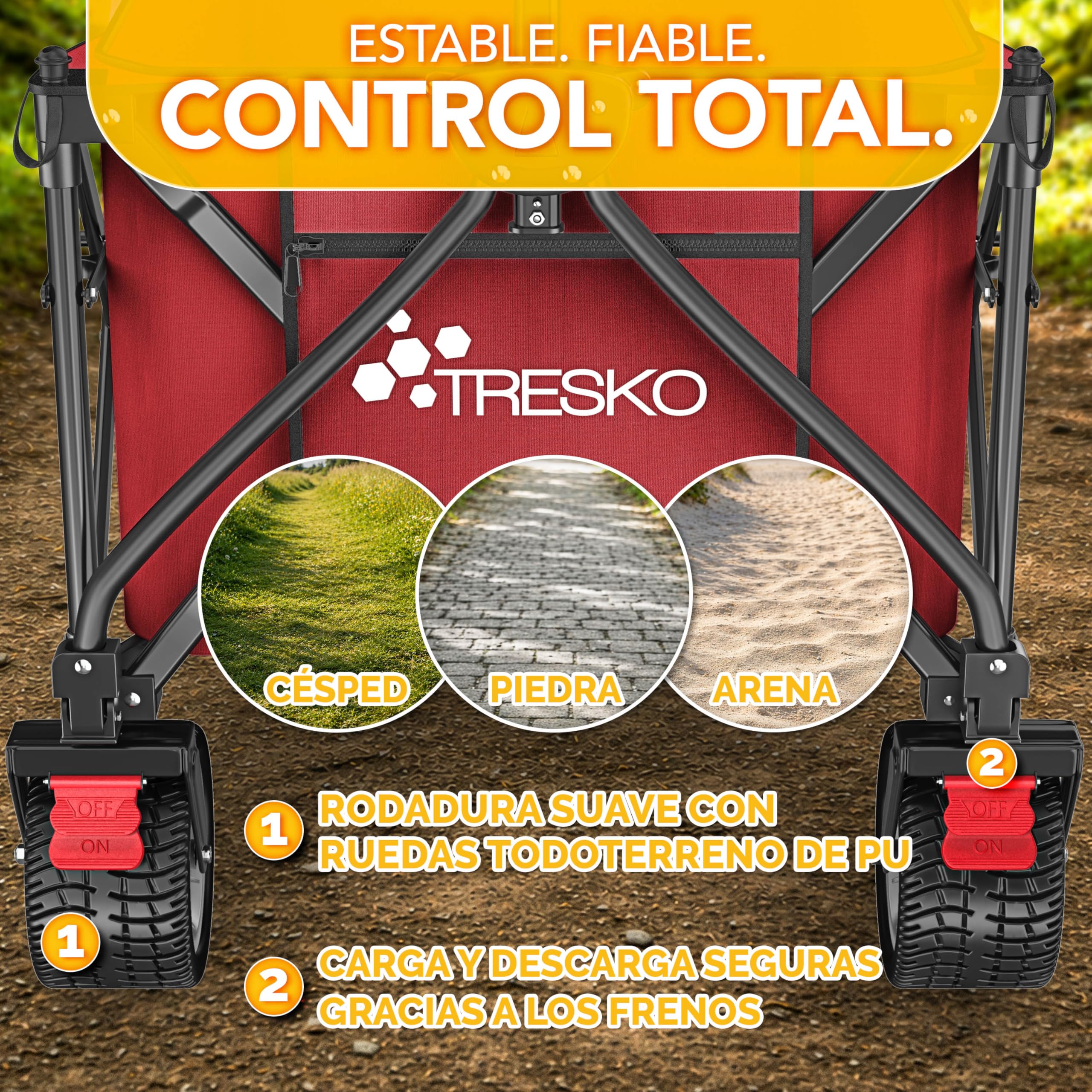 TRESKO® Carro plegable de 300 l con freno, carro de mano plegable, 150 kg, incluye neumáticos de goma maciza, carrito de playa plegable, ruedas extra anchas, con bolsa de transporte, color rojo