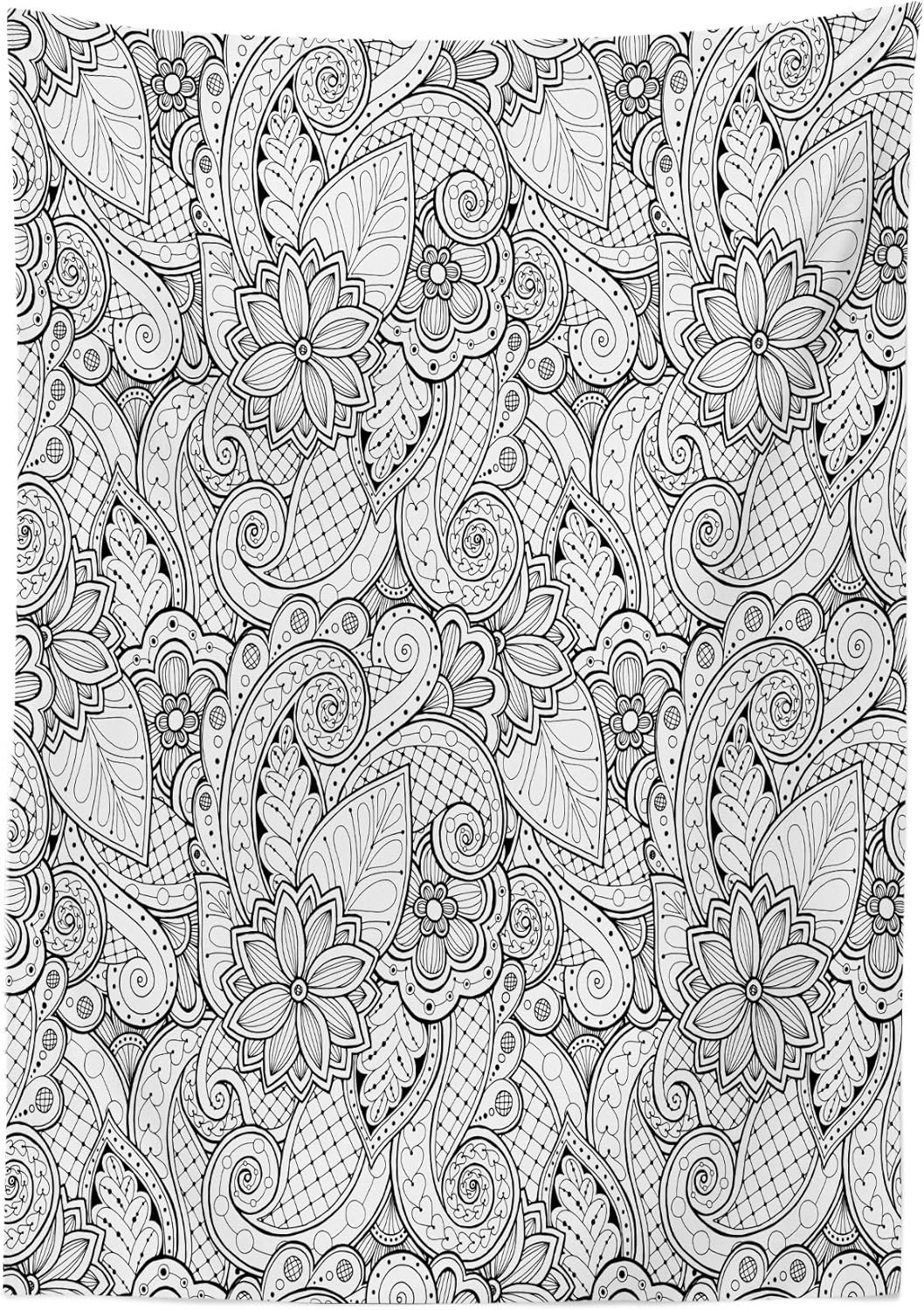 Ambesonne Ethnic Tablecloth, Monochrome Flowers Hearts and Paisley Motifs Nature Doodle with Influences, Dining Room Kitchen Rectangular Table Cover, 60" X 84", White Black 60" X 84" White Black