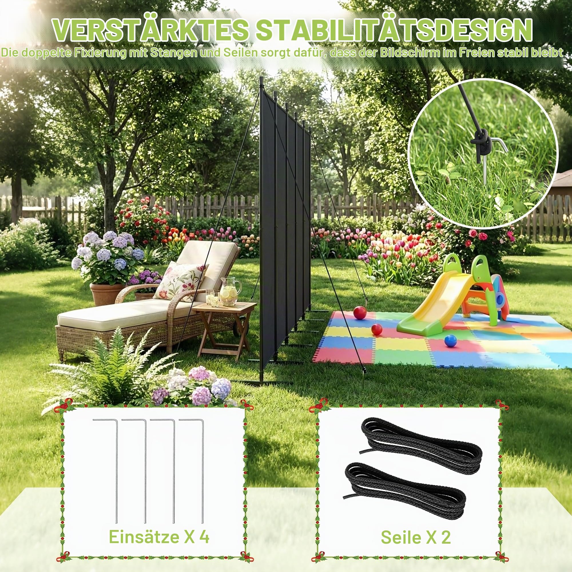 UISEBRT Paravent Outdoor wetterfest mit Heringen und Abspannleinen,Klappbar Freistehend Trennwand ohne Bohren,mobiler sichtschutz für Garten Balkon terrasse,4 Teilig 320 x 180 cm Hellgrau